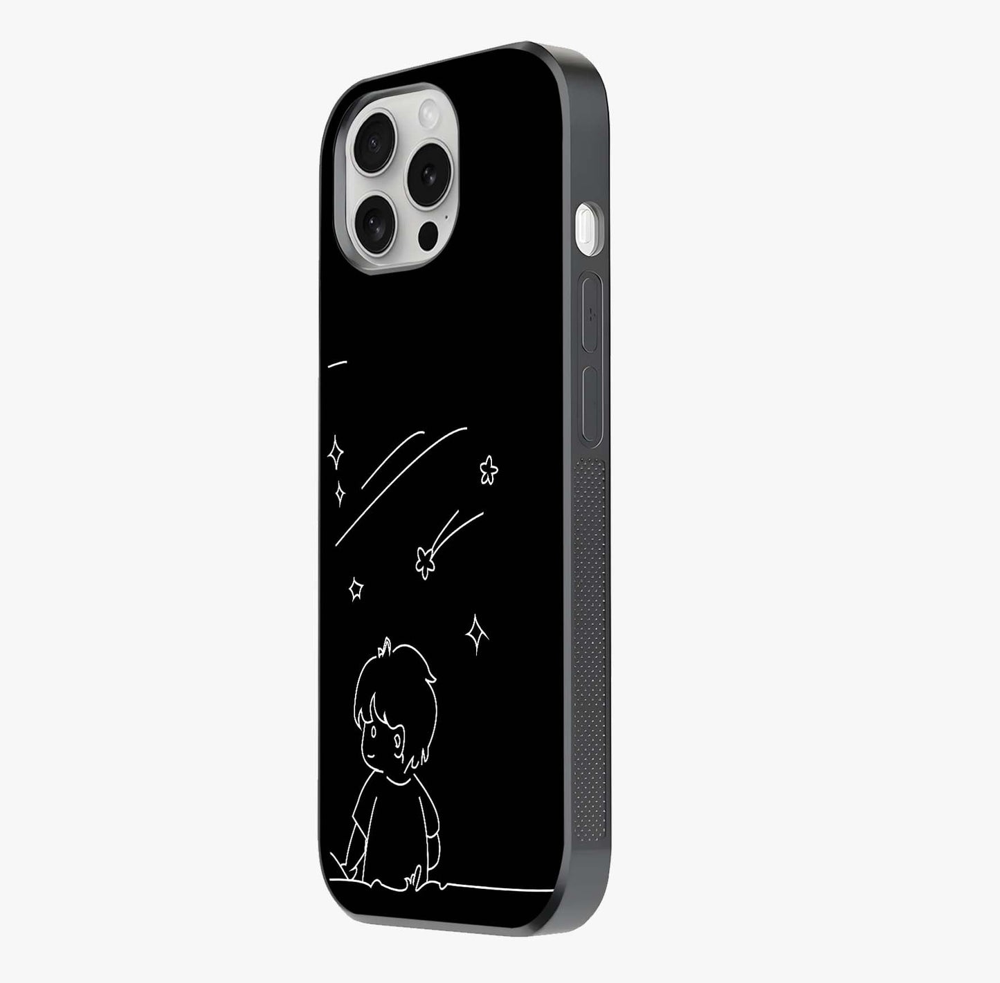 Line Art Boy With Shooting Stars Glass Case photographed in natural light showing reflective finish and design depth.