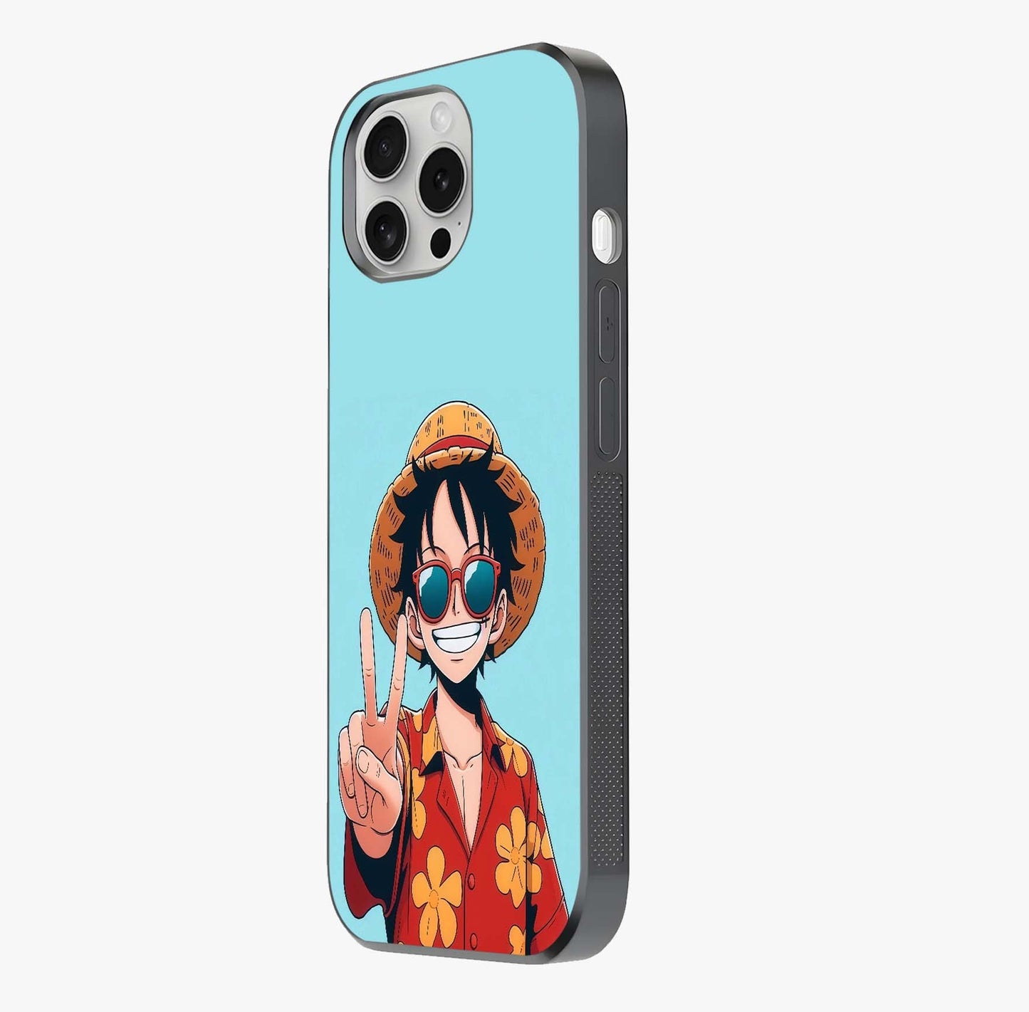 Luffy Summer Anime Vibe Glass Case photographed in natural light showing reflective finish and design depth.