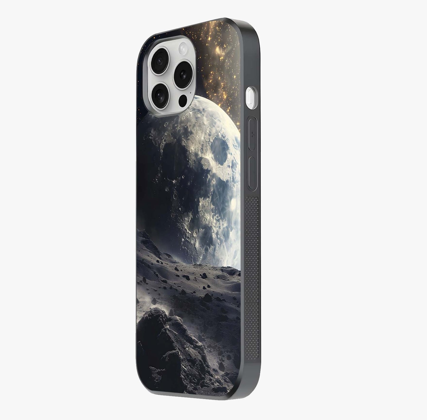 Lunar Horizon Glow Glass Case photographed in natural light showing reflective finish and design depth.