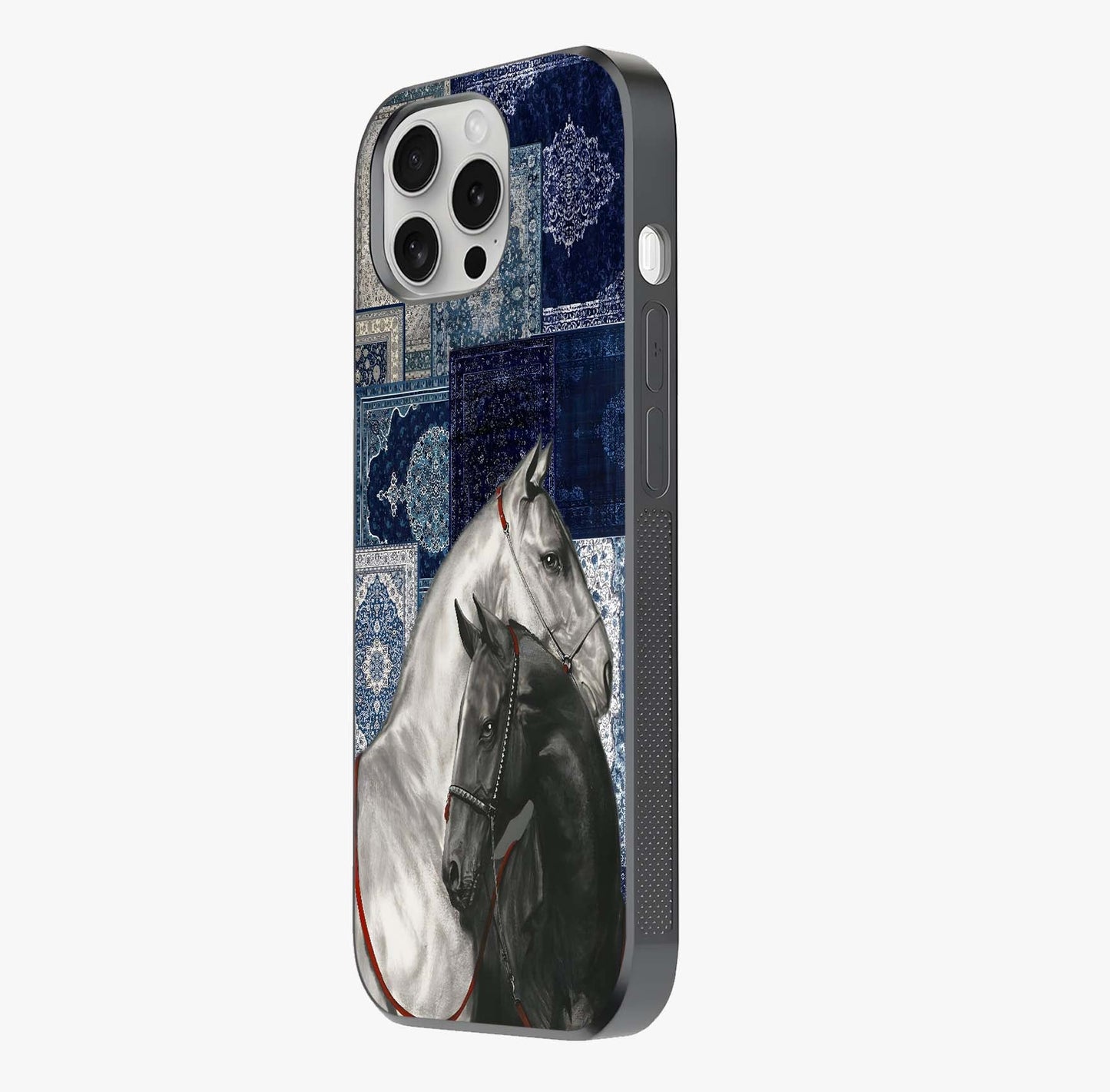 Midnight Stallion Blues Glass Case photographed in natural light showing reflective finish and design depth.