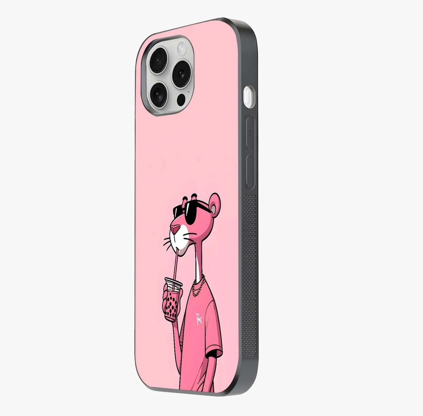 Pink Panther Glass Case photographed in natural light showing reflective finish and design depth.
