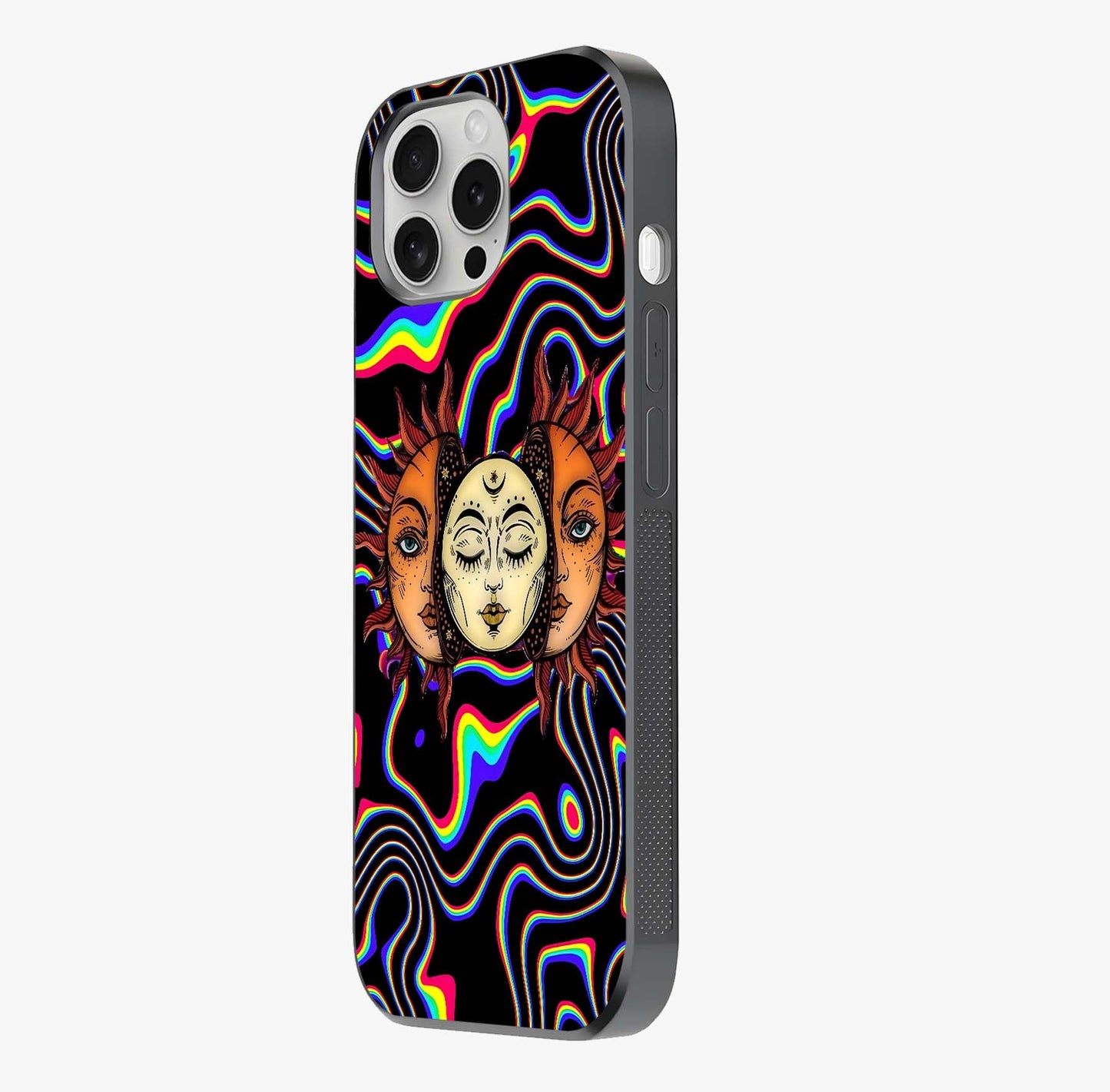 Psychedelic Sun Glass Case photographed in natural light showing reflective finish and design depth.