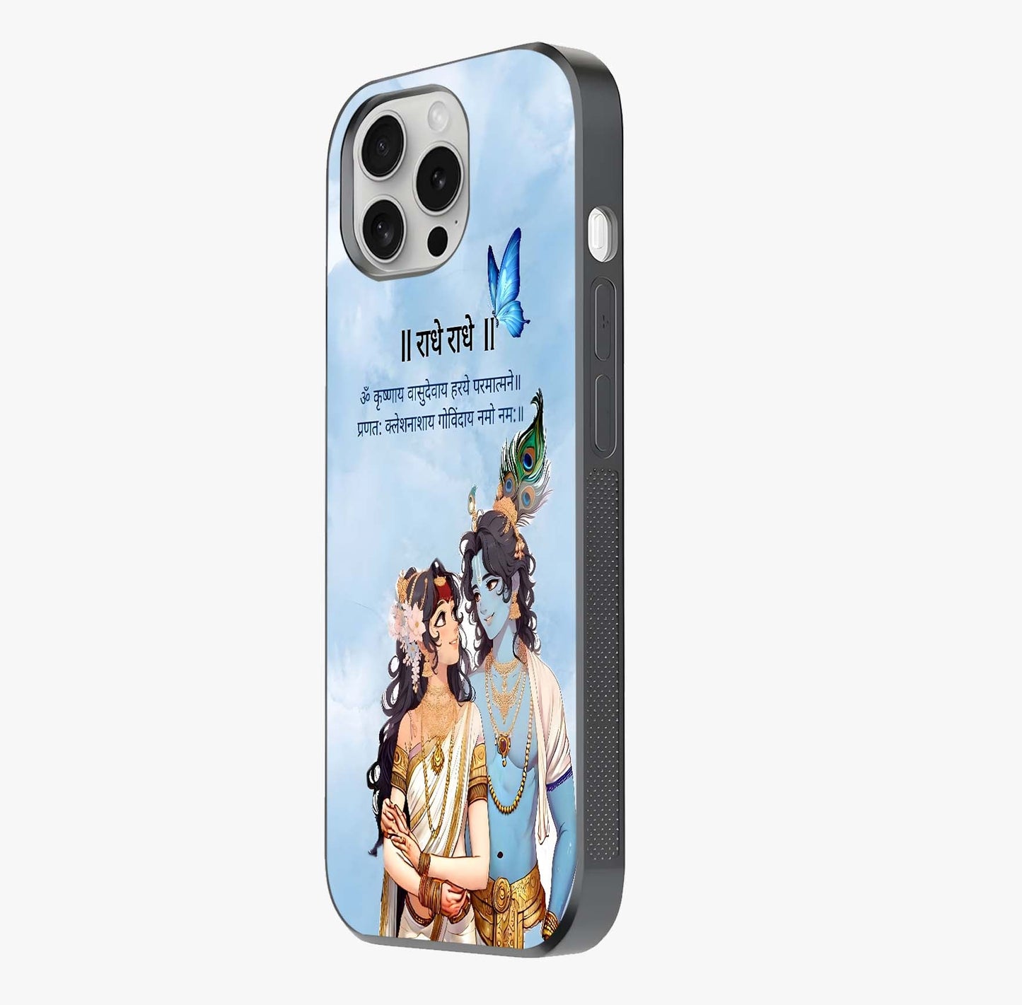 Radha Krishna Eternal Glass Case photographed in natural light showing reflective finish and design depth.