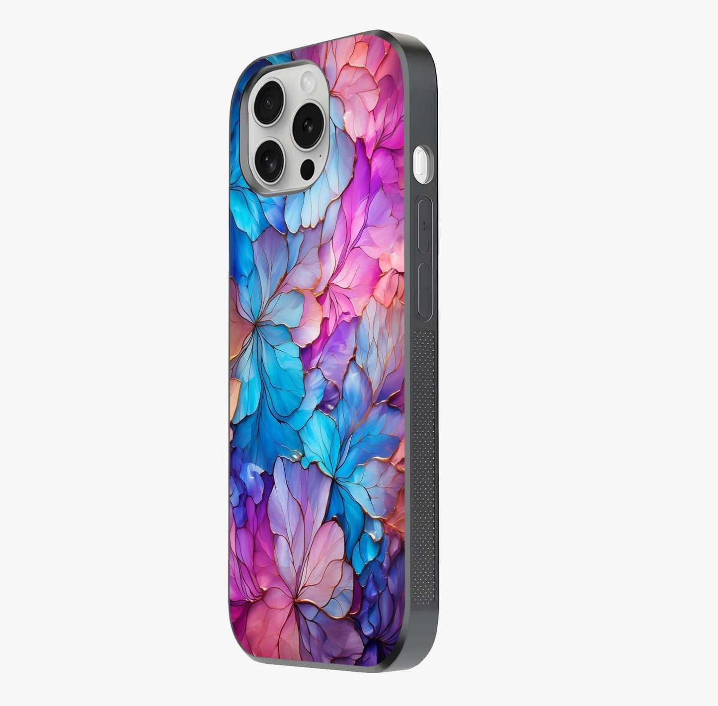 Radiant Floral Whirl Glass Case photographed in natural light showing reflective finish and design depth.