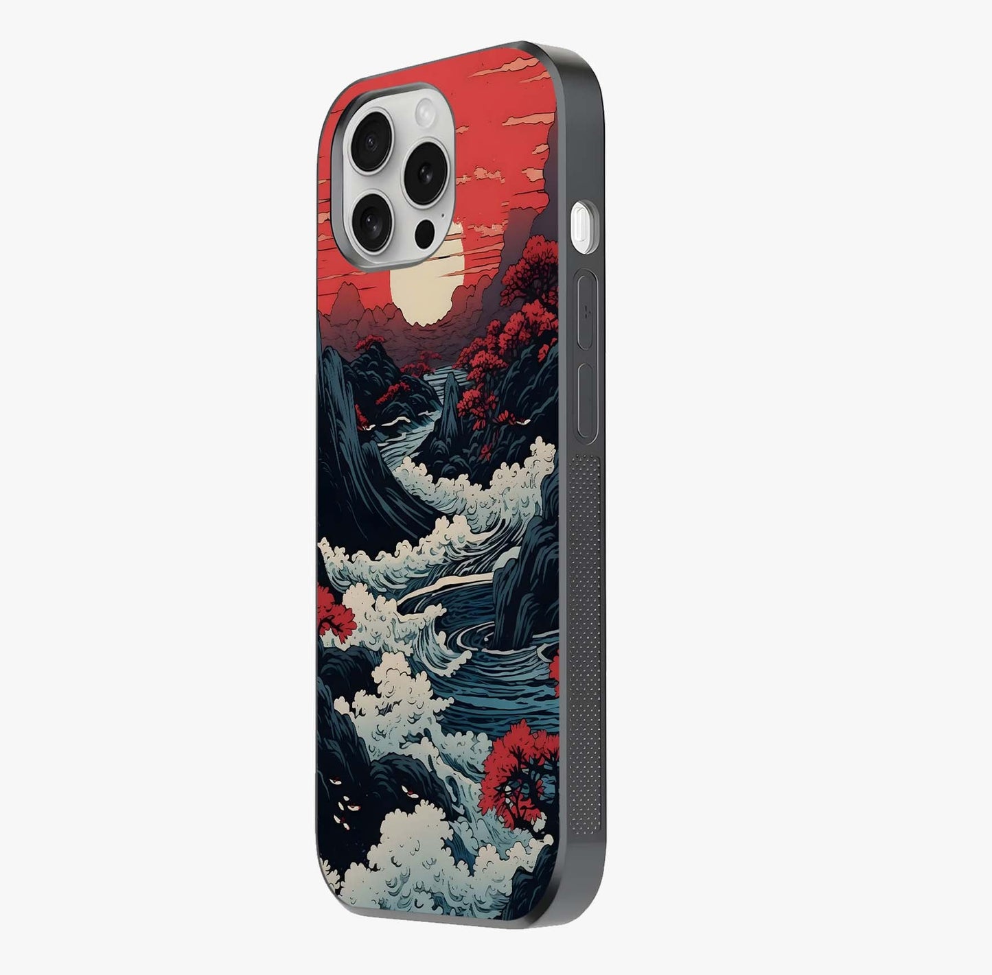 Red Sunset Scenery Glass Case photographed in natural light showing reflective finish and design depth.