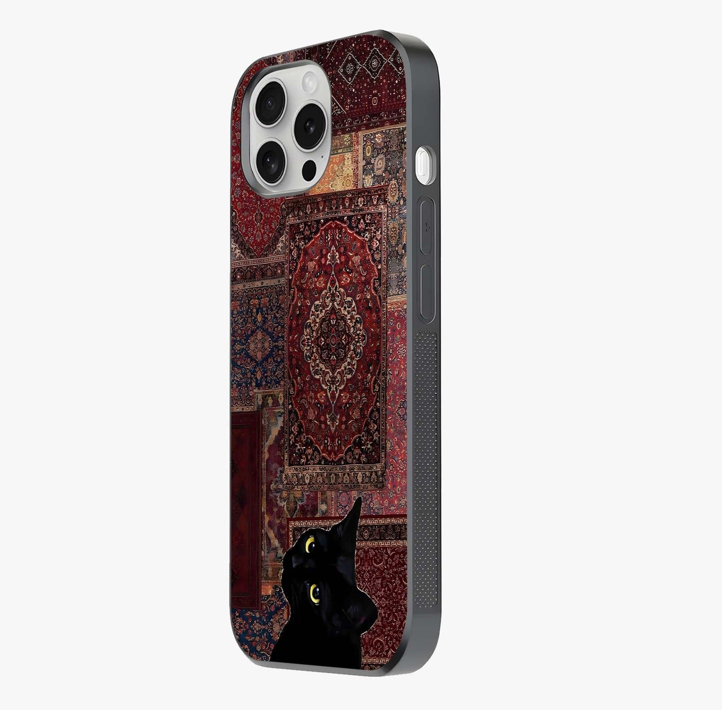 Regal Magic Cat Apple Glass Case photographed in natural light showing reflective finish and design depth.