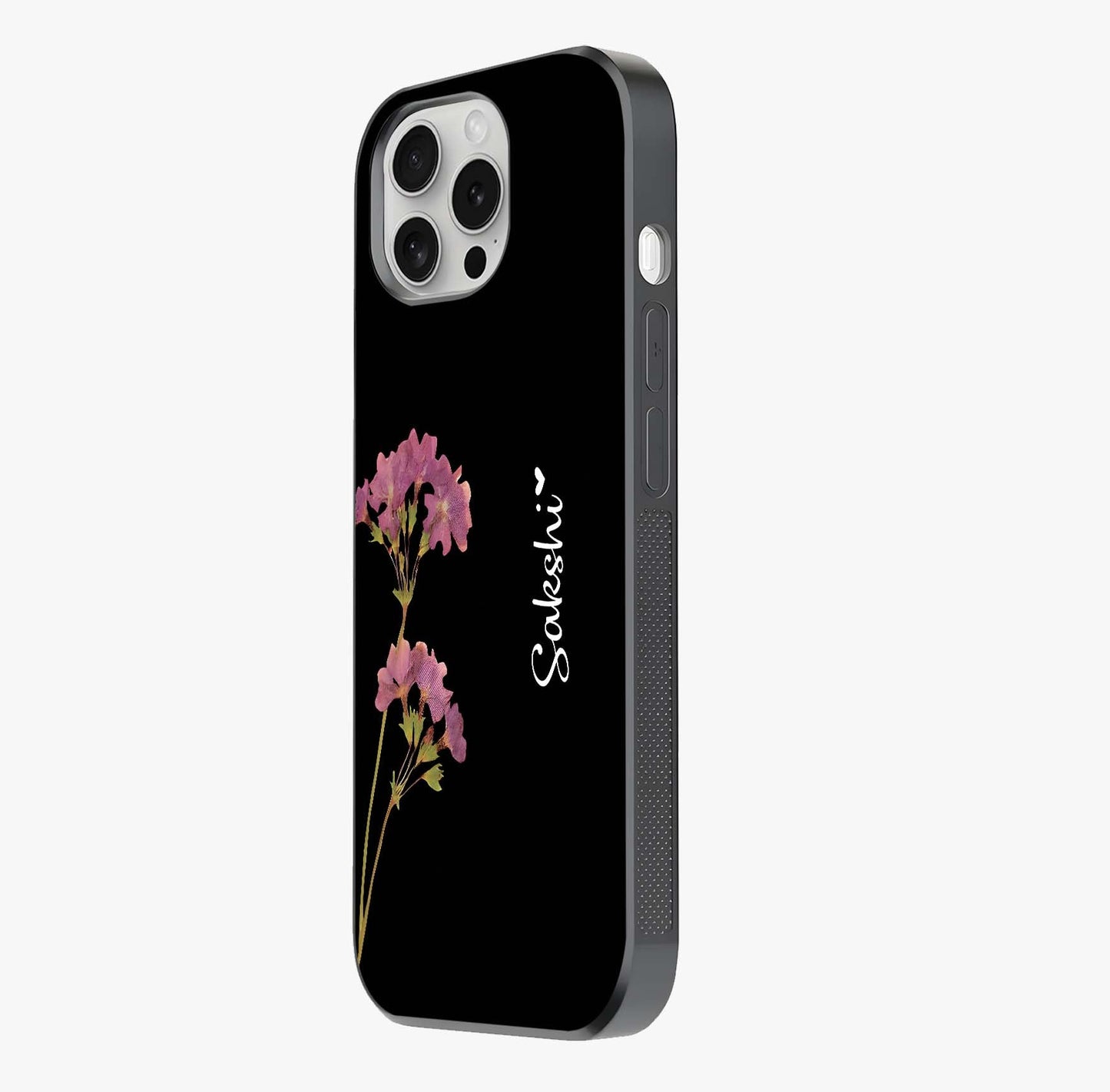 Riching Lavender Flower Custom Name Glass Case photographed in natural light showing reflective finish and design depth.