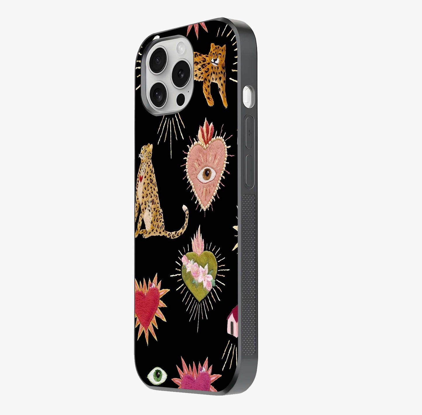 Sacred Jungle Heart Glass Case photographed in natural light showing reflective finish and design depth.
