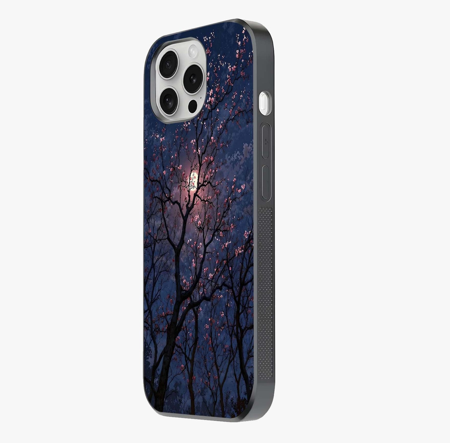 Twilight Sakura Serenade Glass Case photographed in natural light showing reflective finish and design depth.