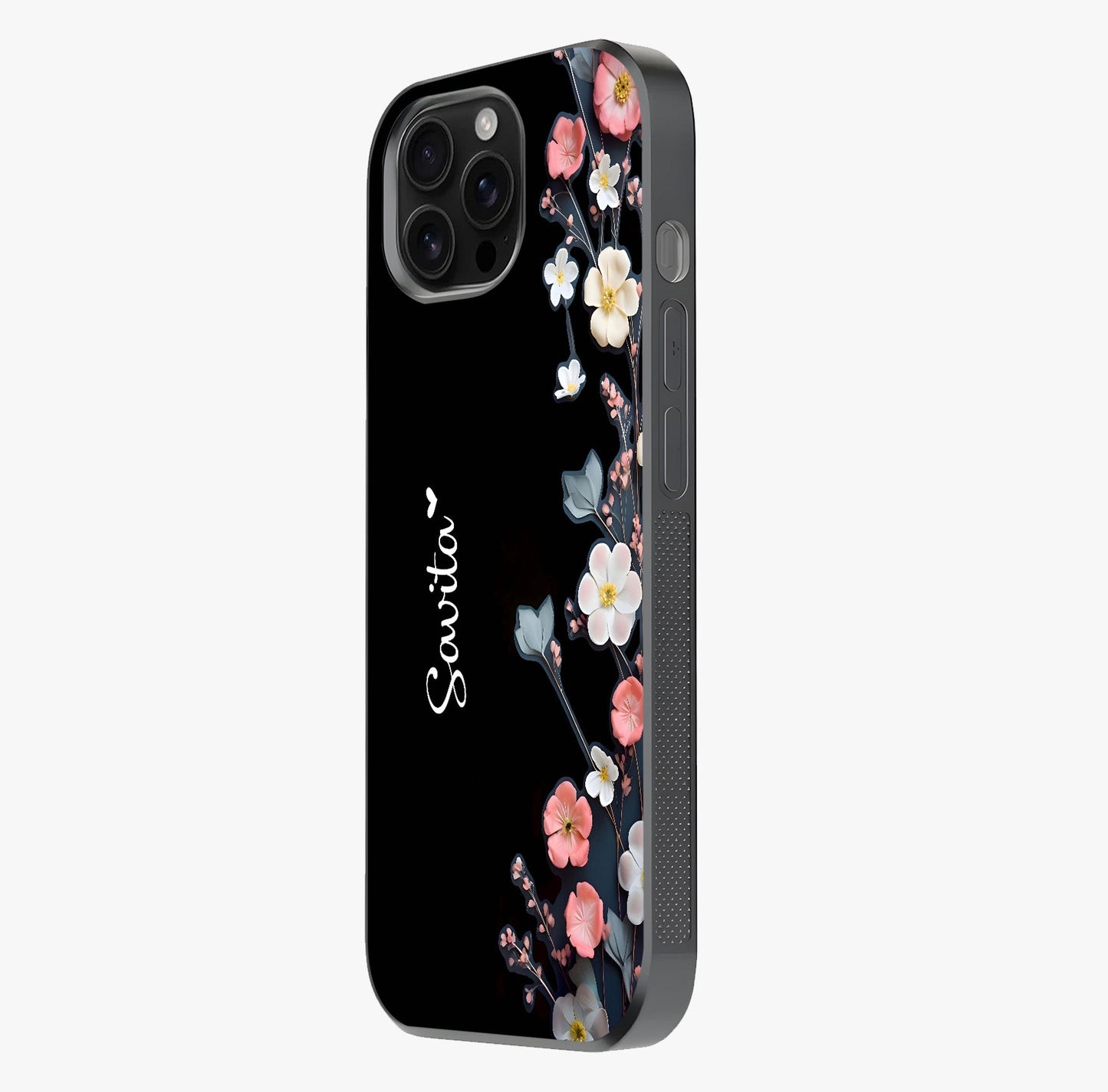 Black Elegance Floral Custom Name Glass Case photographed in natural light showing reflective finish and design depth.