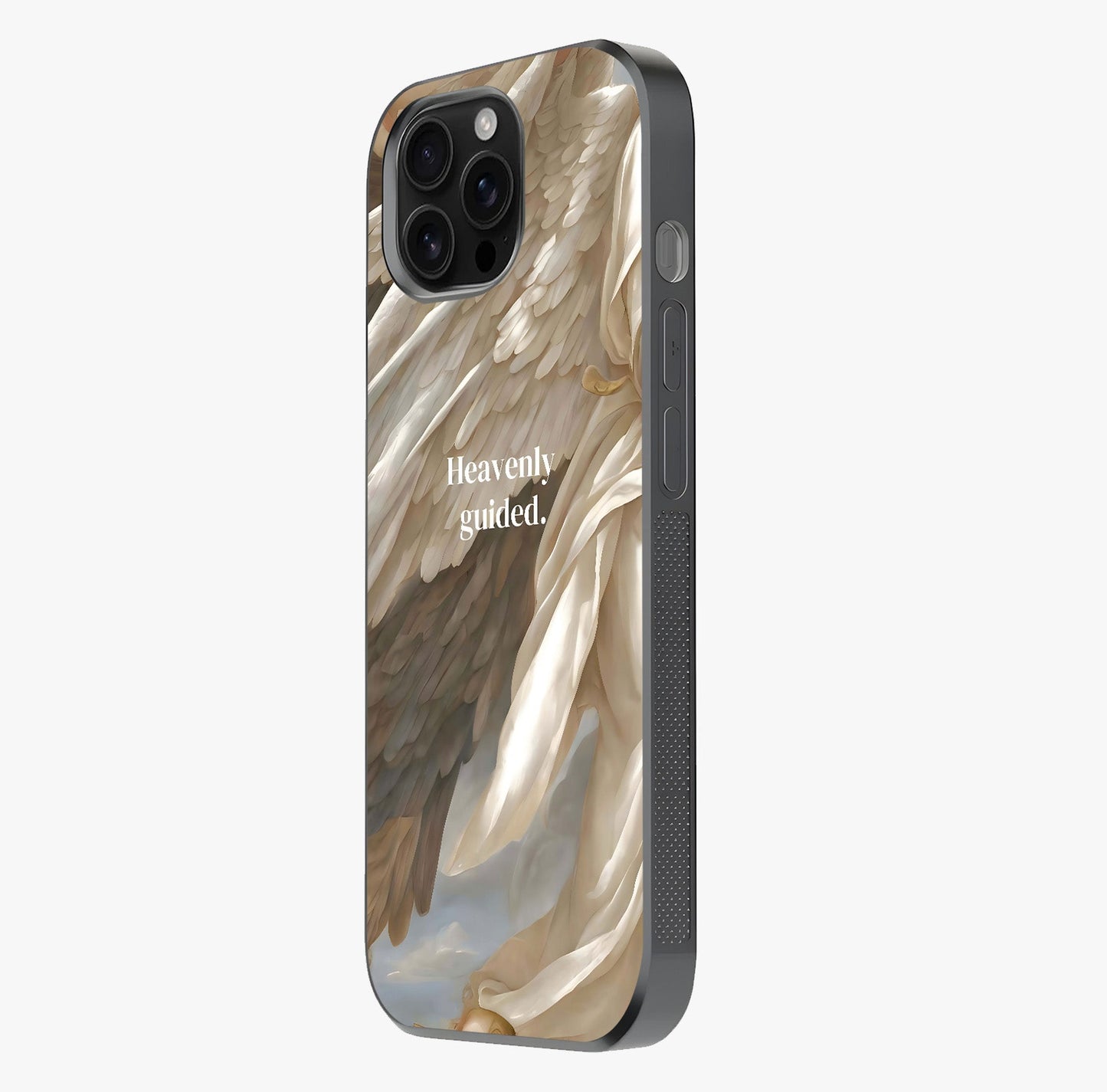 Divine Winged Grace Glass Case photographed in natural light showing reflective finish and design depth.