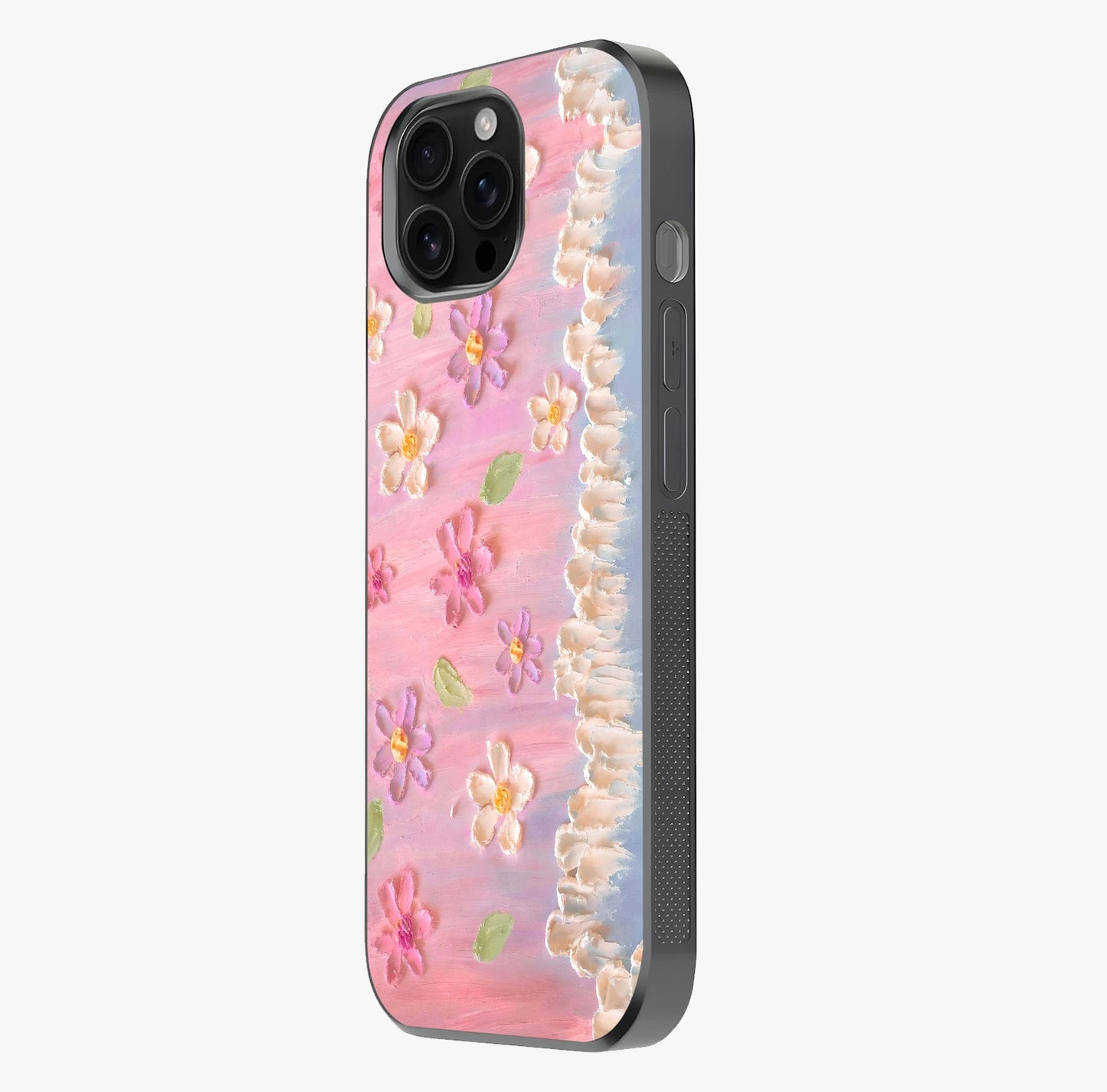 Dreamy Painted Garden Glass Case photographed in natural light showing reflective finish and design depth.
