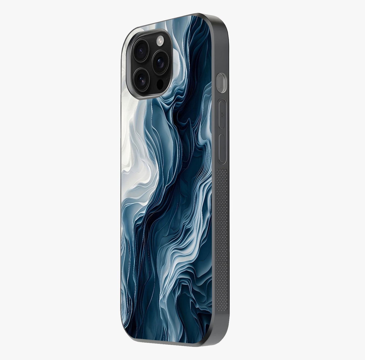 Ethereal Paper Marble Glass Case photographed in natural light showing reflective finish and design depth.