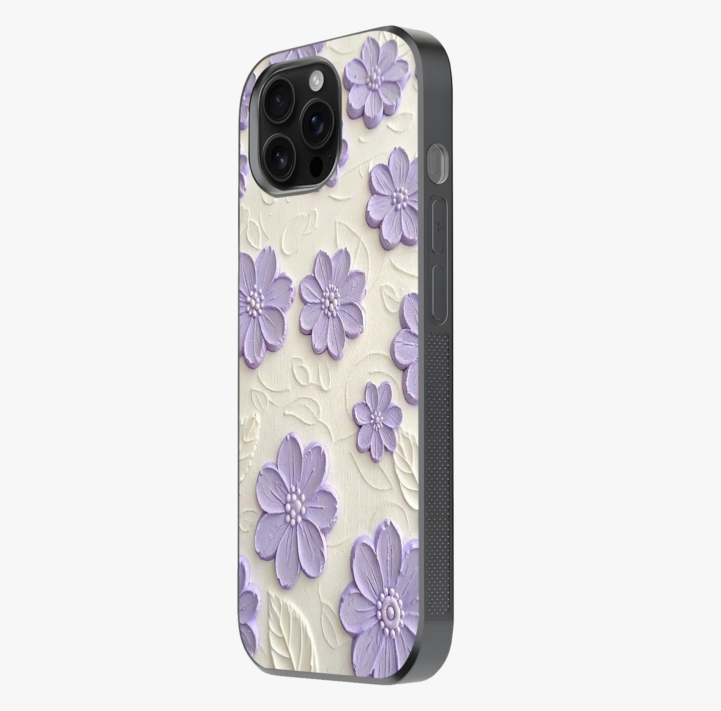 Floral Wall Art With Purple Flowers Glass Case photographed in natural light showing reflective finish and design depth.