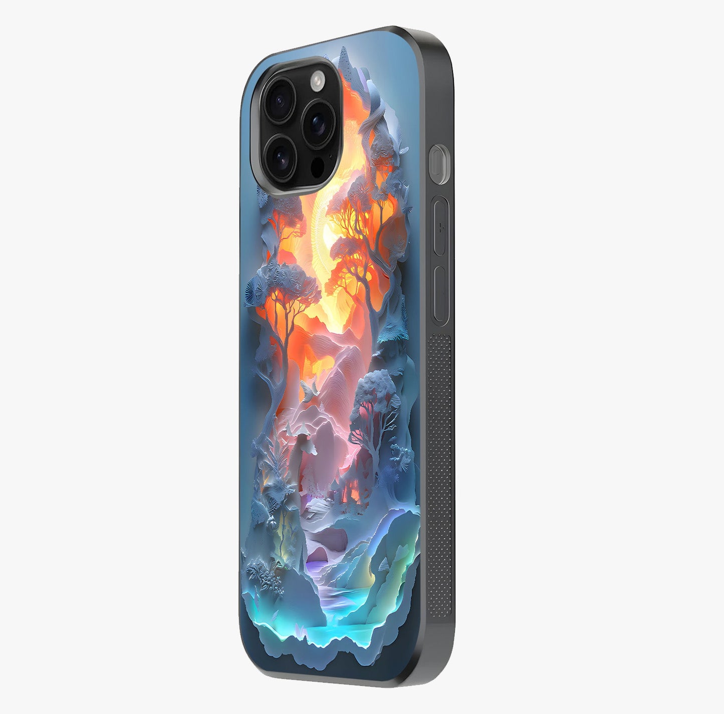 Glow Forest Portal Glass Case photographed in natural light showing reflective finish and design depth.