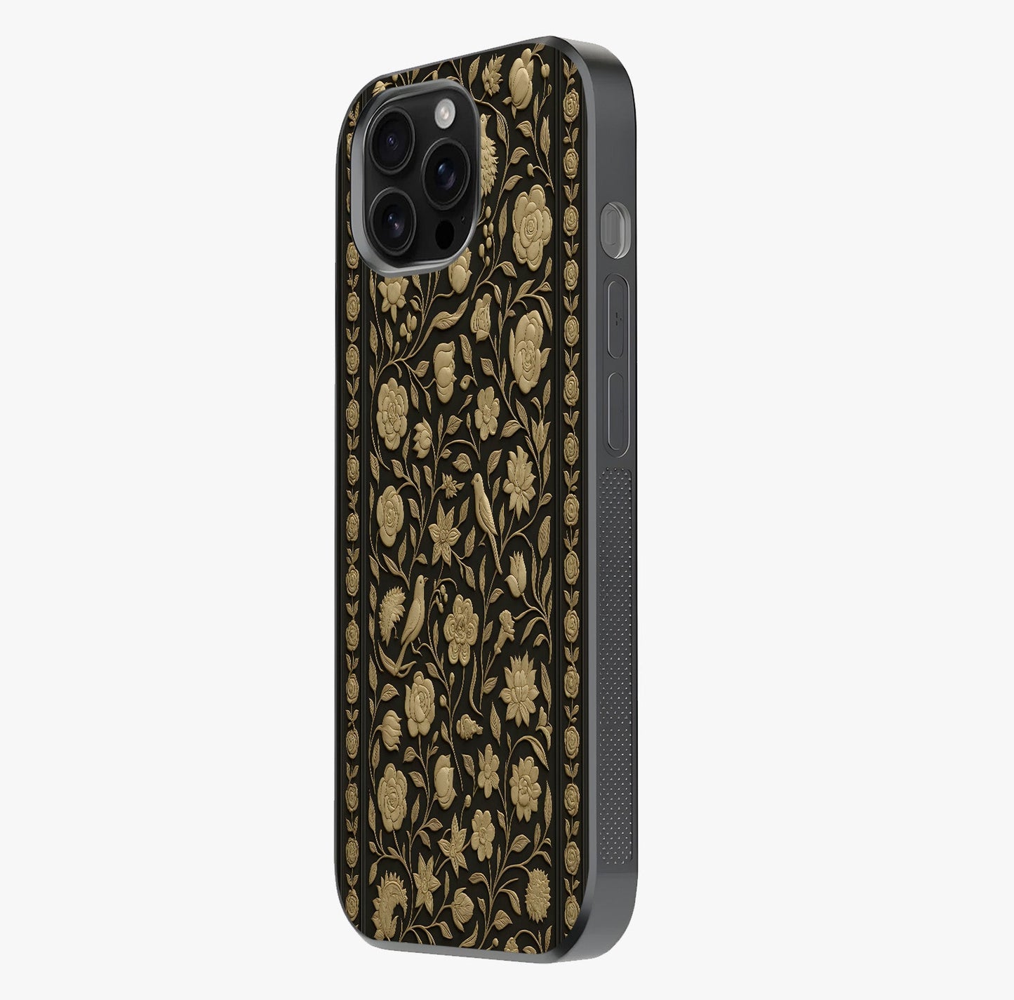 Golden Floral Majesty Glass Case photographed in natural light showing reflective finish and design depth.