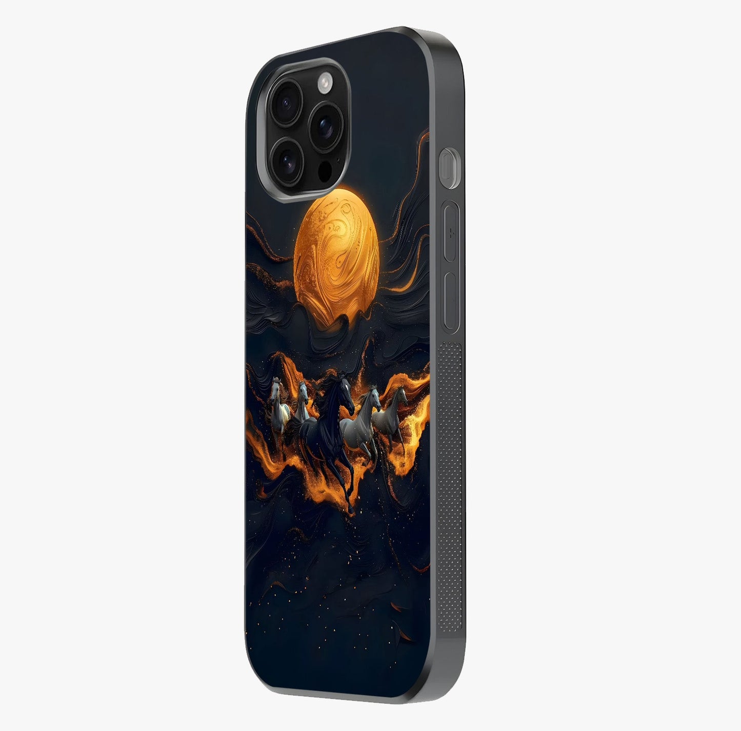 Golden Stallion Moonride Glass Case photographed in natural light showing reflective finish and design depth.