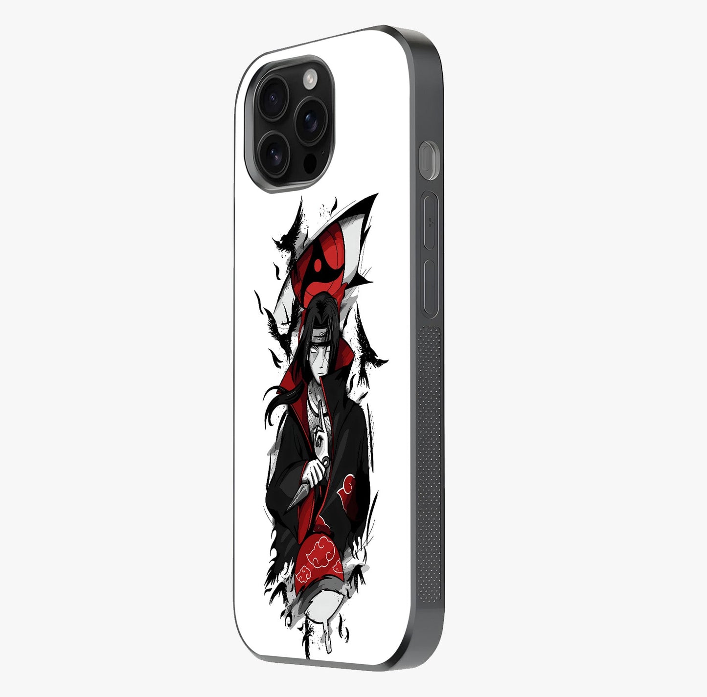 Itachi Sharingan Glass Case photographed in natural light showing reflective finish and design depth.