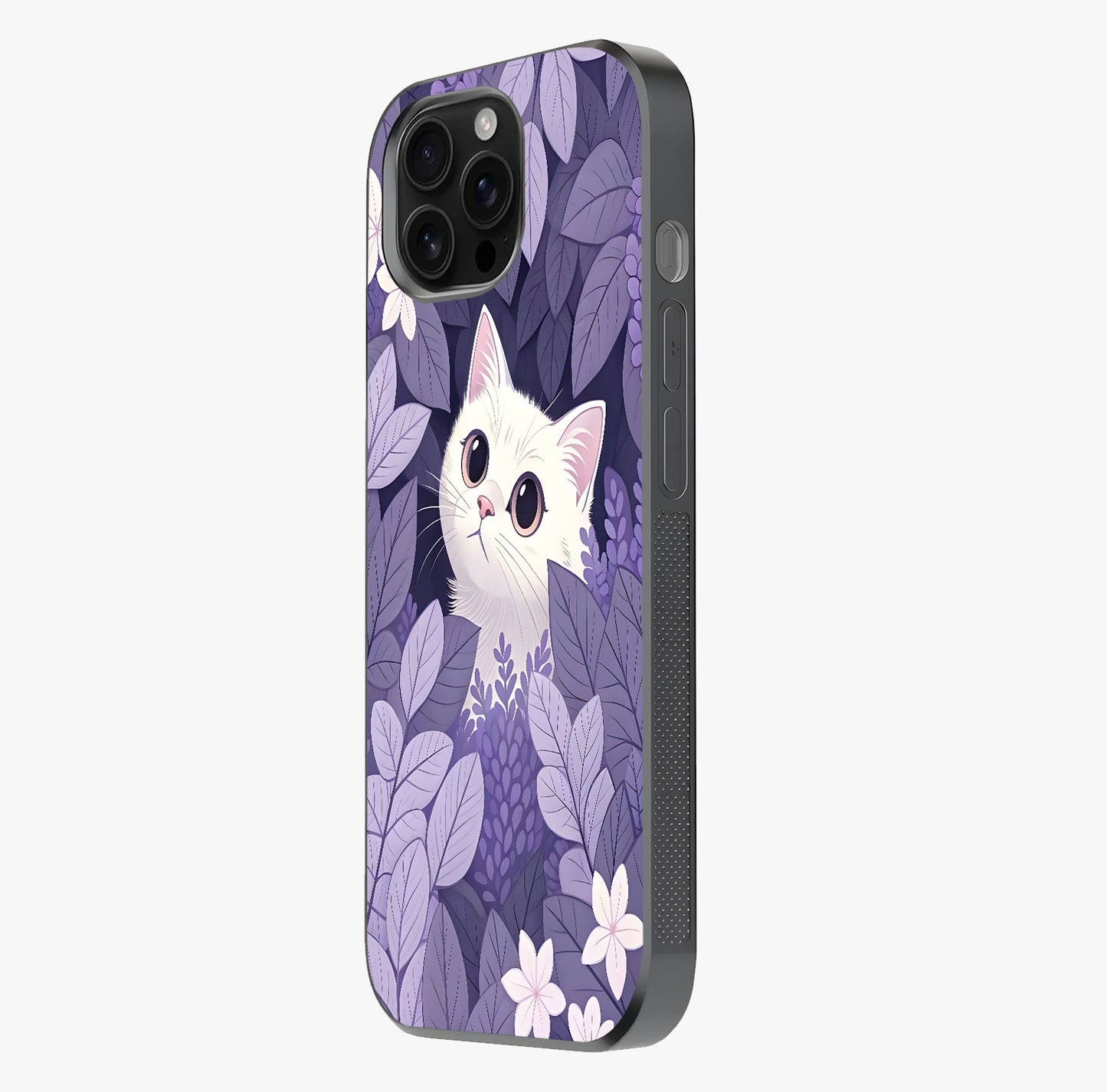 Lilac Hide Peek Cat Glass Case photographed in natural light showing reflective finish and design depth.