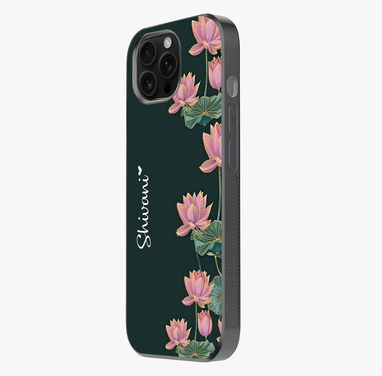 Lotus Bloom Serenity Custom Name Glass Case photographed in natural light showing reflective finish and design depth.
