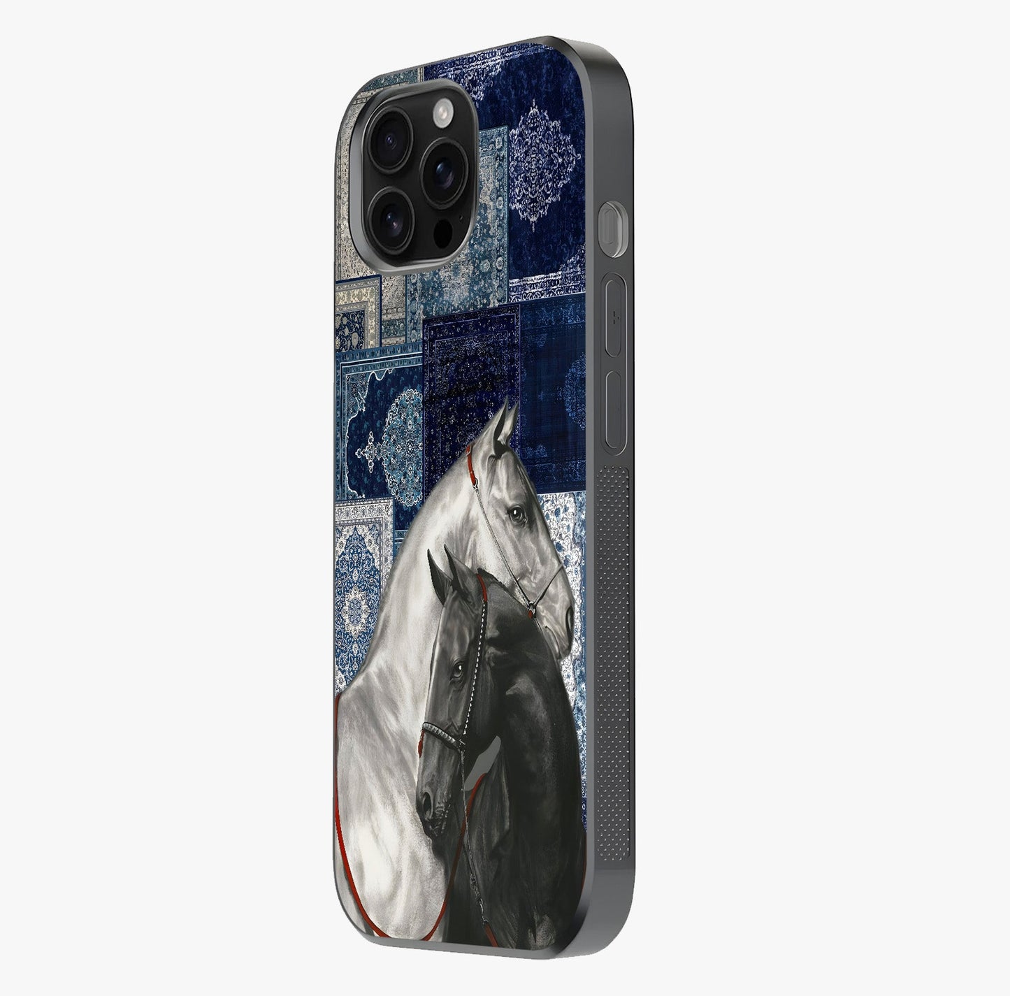Midnight Stallion Blues Glass Case photographed in natural light showing reflective finish and design depth.