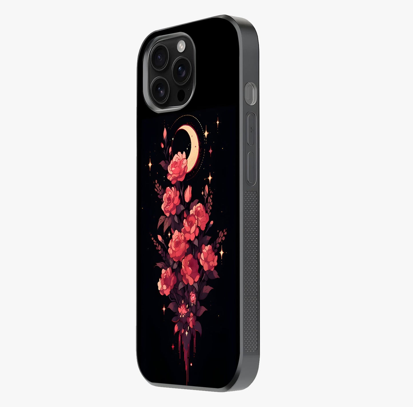 Moonlit Floral Elegance Glass Case photographed in natural light showing reflective finish and design depth.
