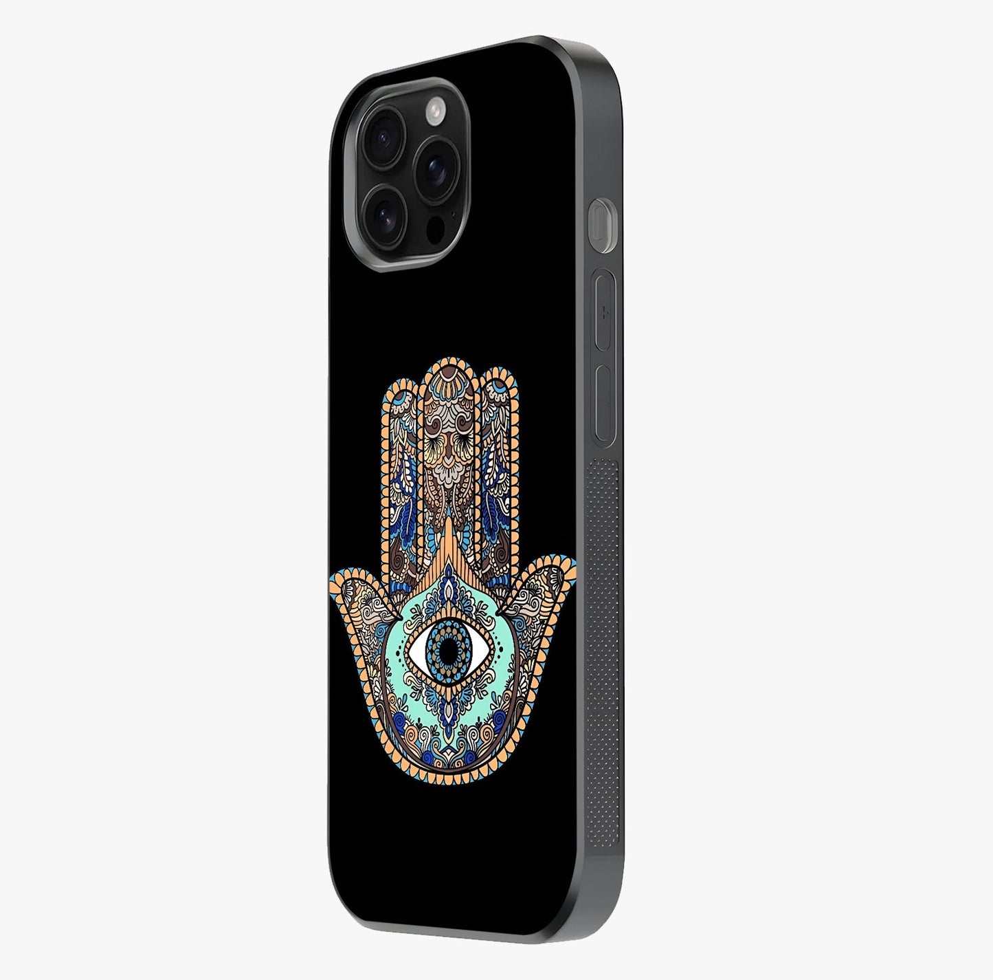 Mystic Hamsa Eye Glass Case photographed in natural light showing reflective finish and design depth.