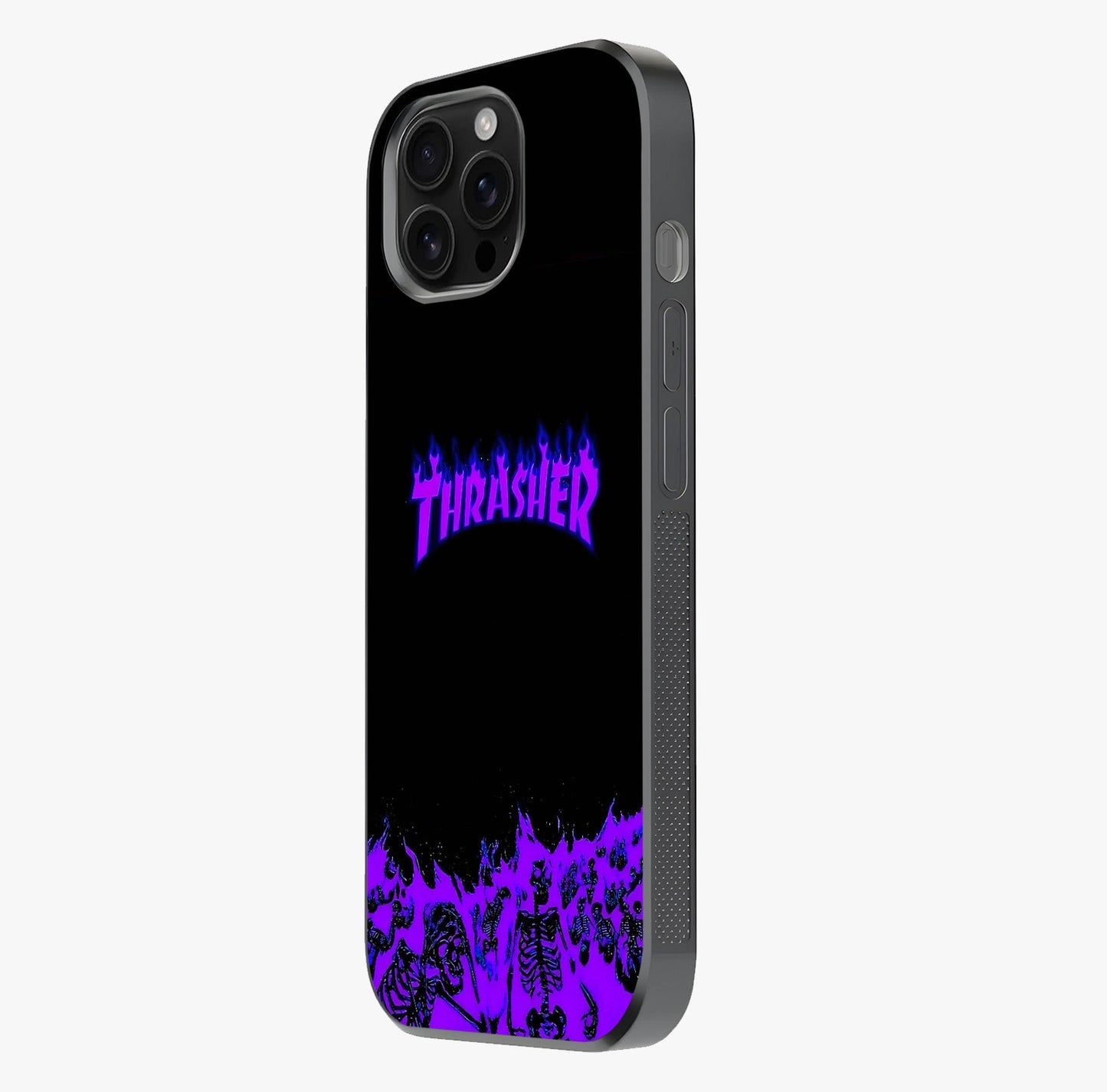 Neon Flame Riot Glass Case photographed in natural light showing reflective finish and design depth.