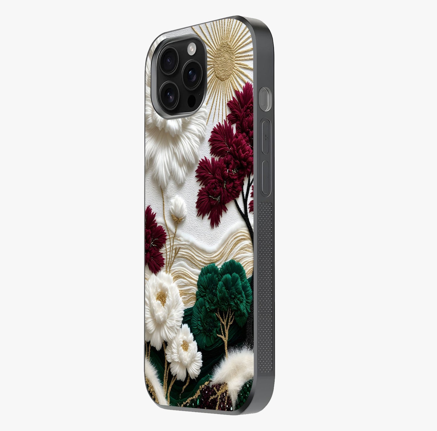 Radiant Bloom Elegance Glass Case photographed in natural light showing reflective finish and design depth.