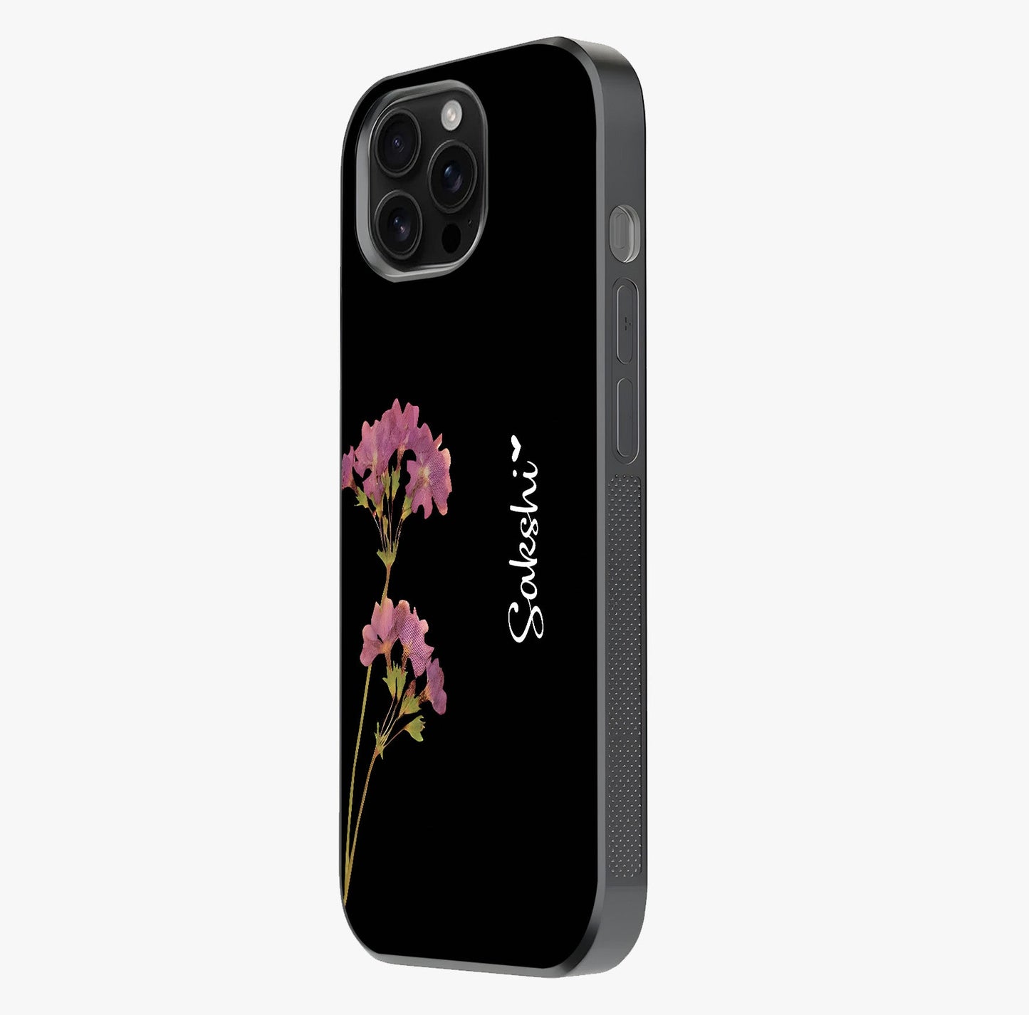 Riching Lavender Flower Custom Name Glass Case photographed in natural light showing reflective finish and design depth.