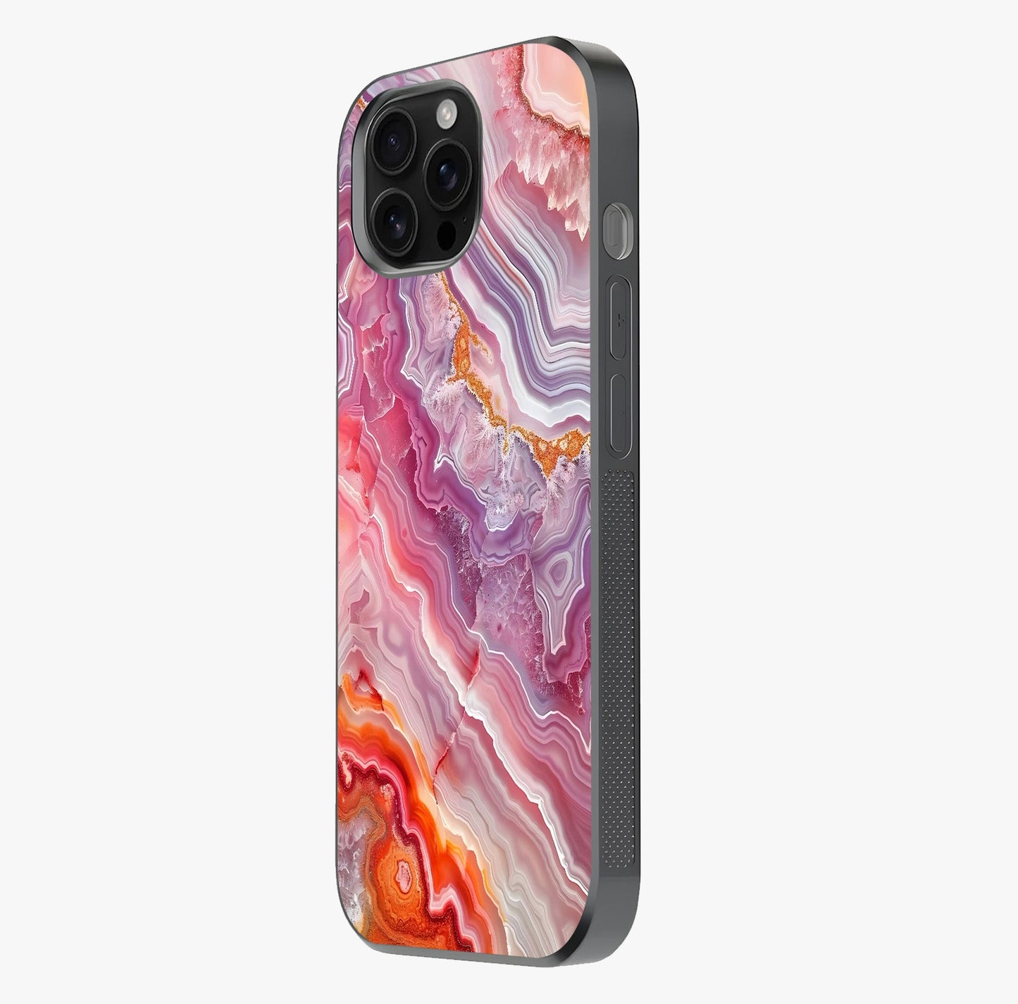 Rose Quartz Marble Glass Case photographed in natural light showing reflective finish and design depth.