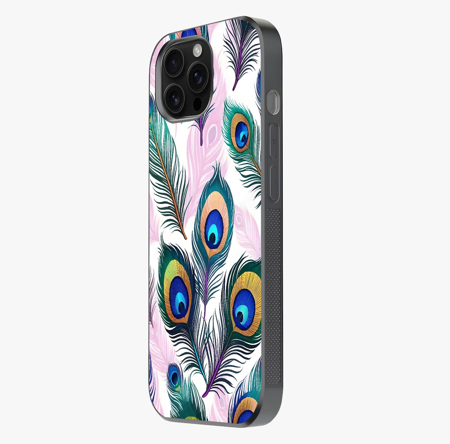 Royal Peacock Feathers Glass Case photographed in natural light showing reflective finish and design depth.