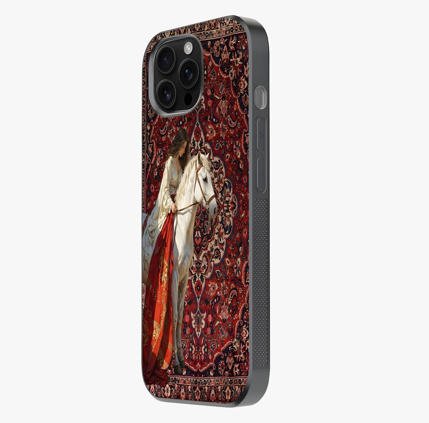 Royal Rider Tapestry Glass Case photographed in natural light showing reflective finish and design depth.