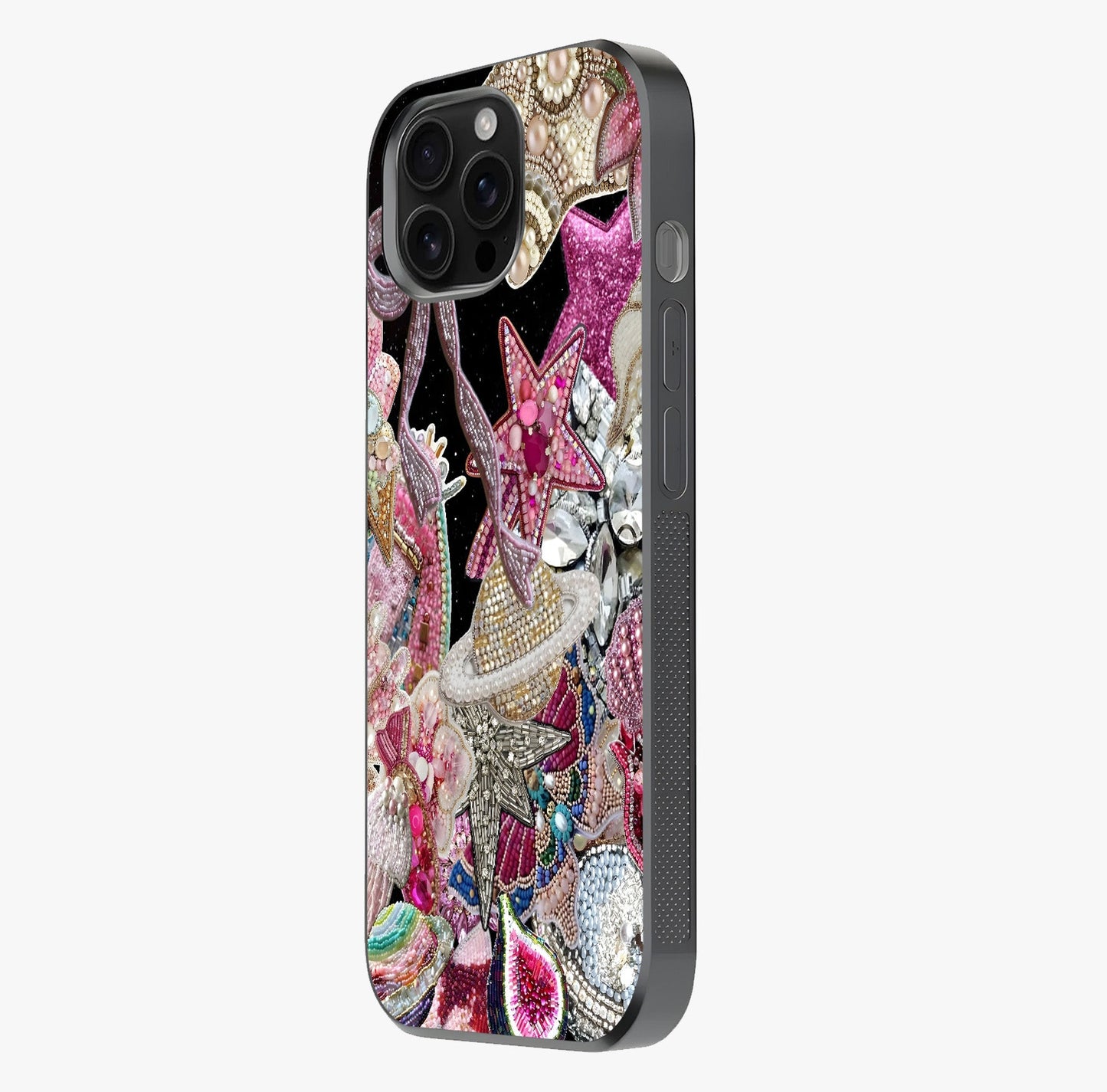 Starlit Jewel Dream Glass Case photographed in natural light showing reflective finish and design depth.