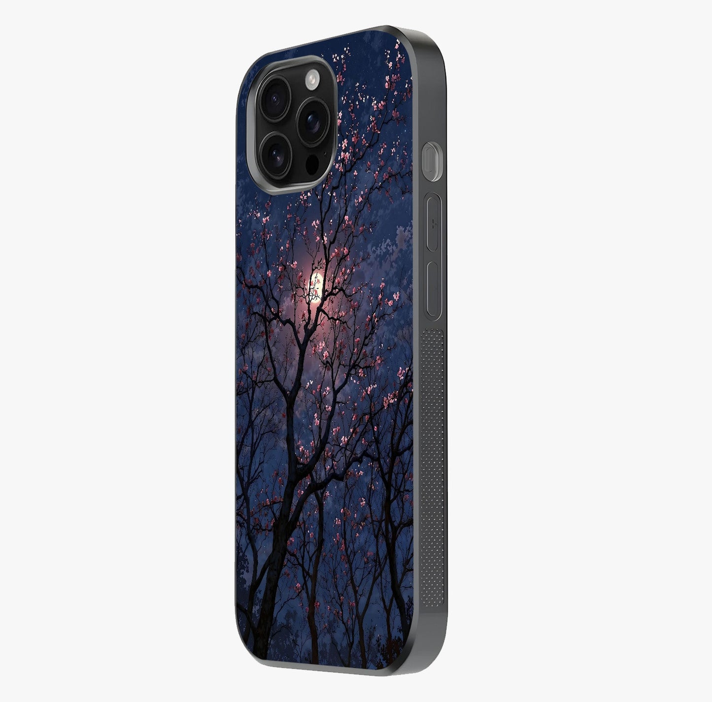 Twilight Sakura Serenade Glass Case photographed in natural light showing reflective finish and design depth.