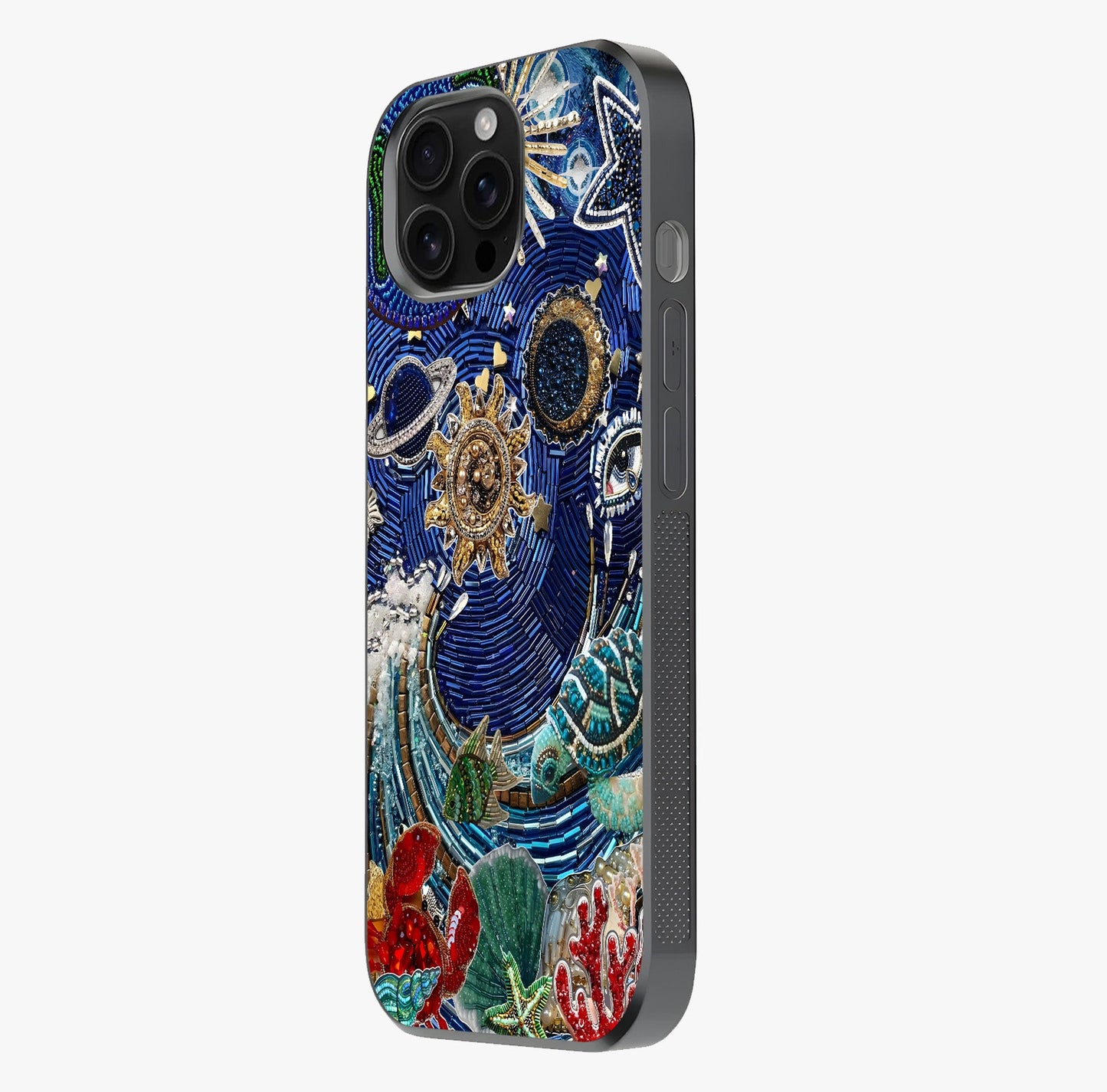 Universe Underwater Spark Glass Case photographed in natural light showing reflective finish and design depth.