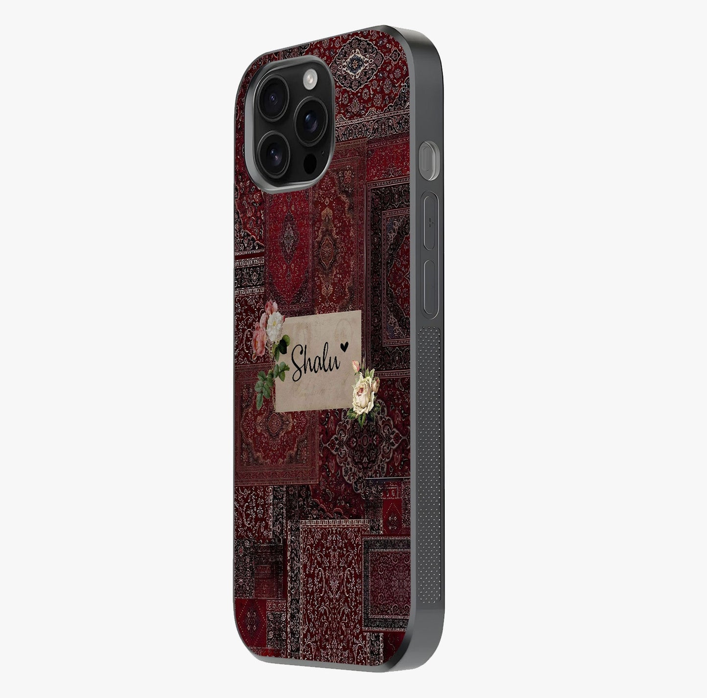 Velvet Wine Pattern Custom Name Glass Case photographed in natural light showing reflective finish and design depth.
