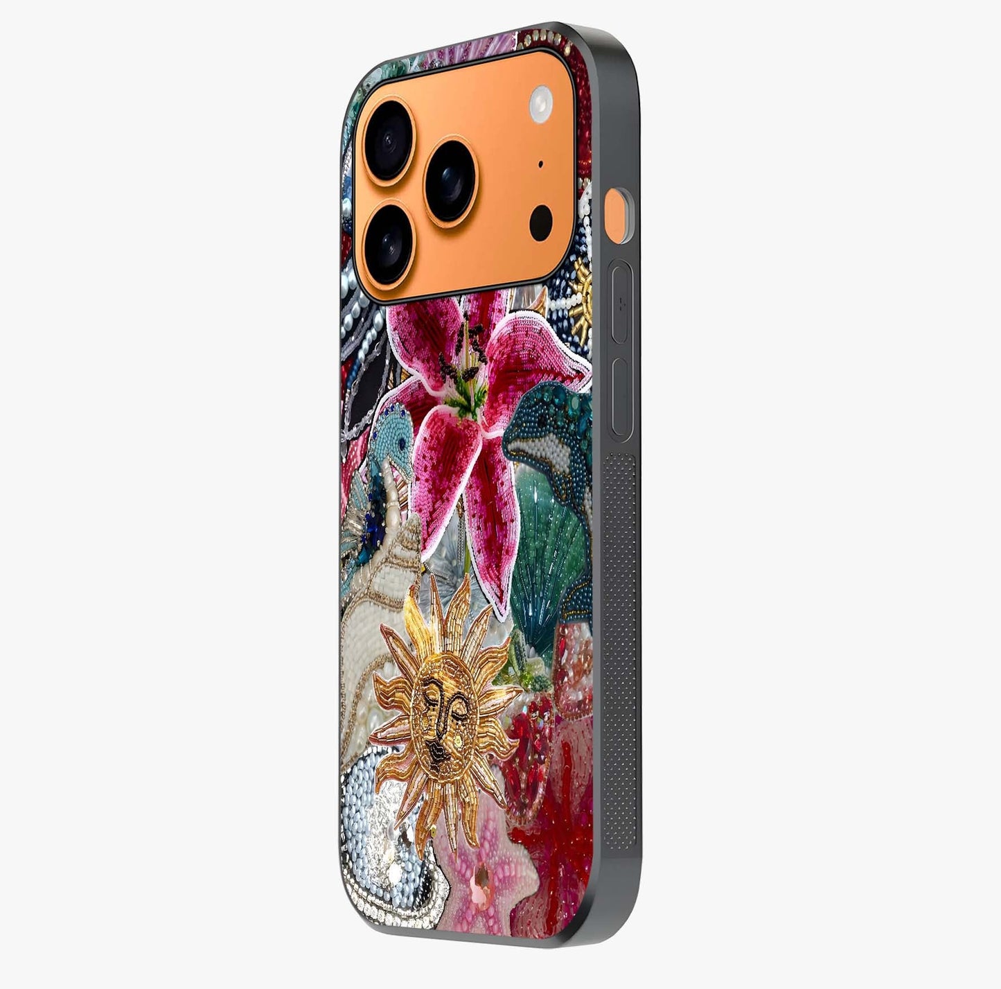 Beaded Garden Fantasy Glass Case photographed in natural light showing reflective finish and design depth.