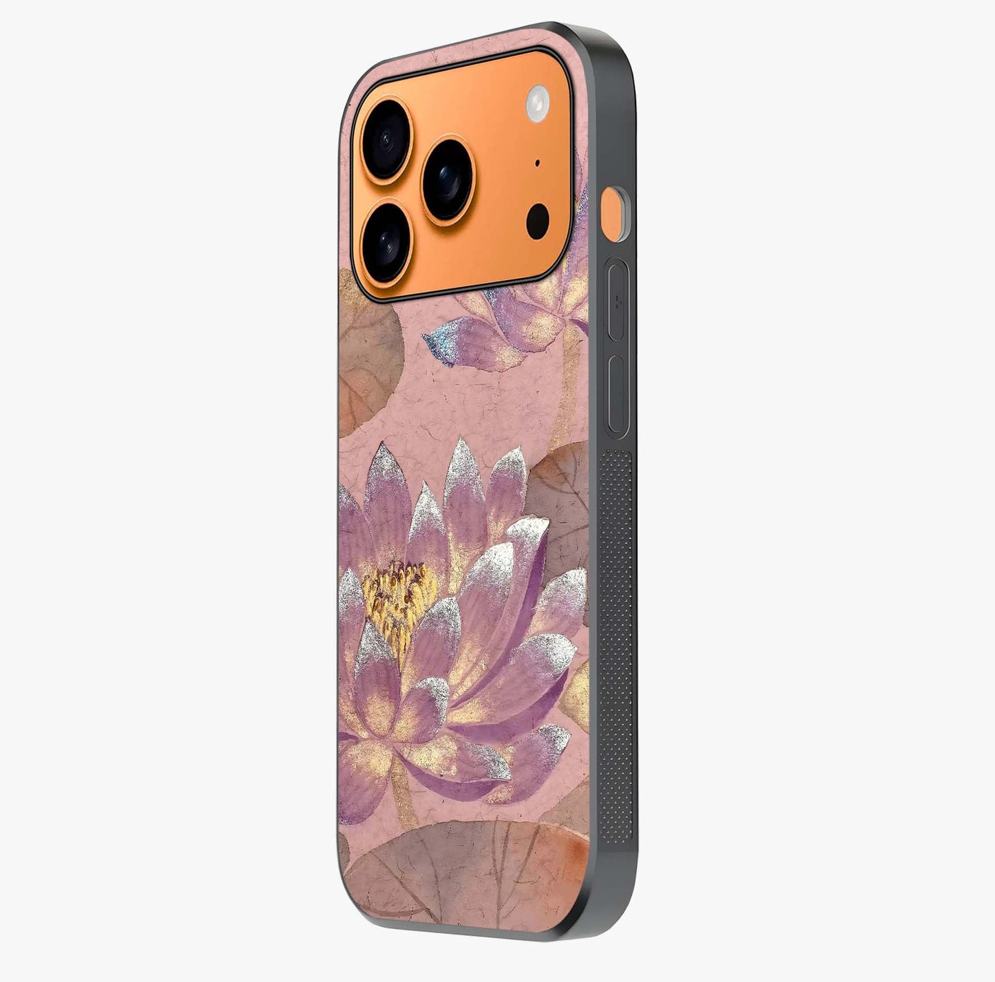 Blossom Mist Lotus Glass Case photographed in natural light showing reflective finish and design depth.