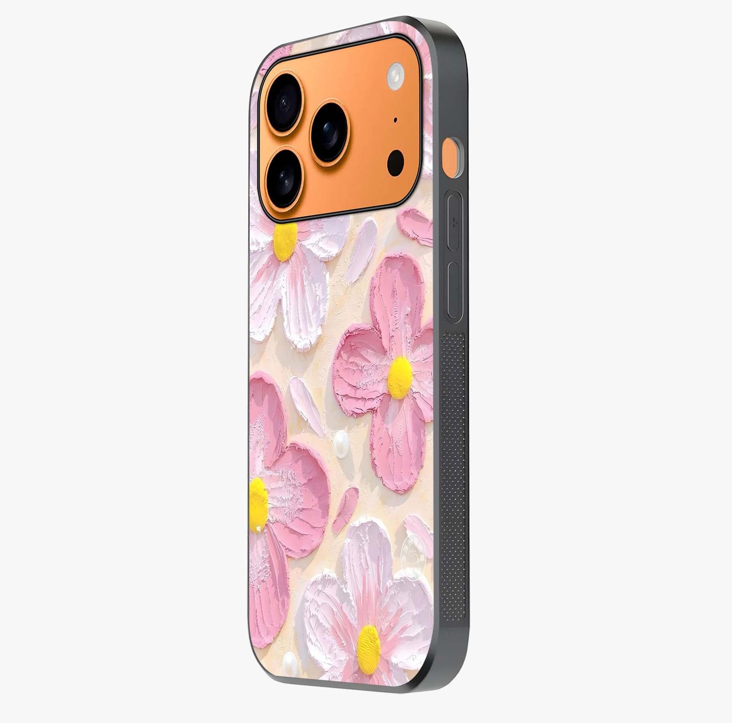 Blush Bloom Texture Glass Case photographed in natural light showing reflective finish and design depth.