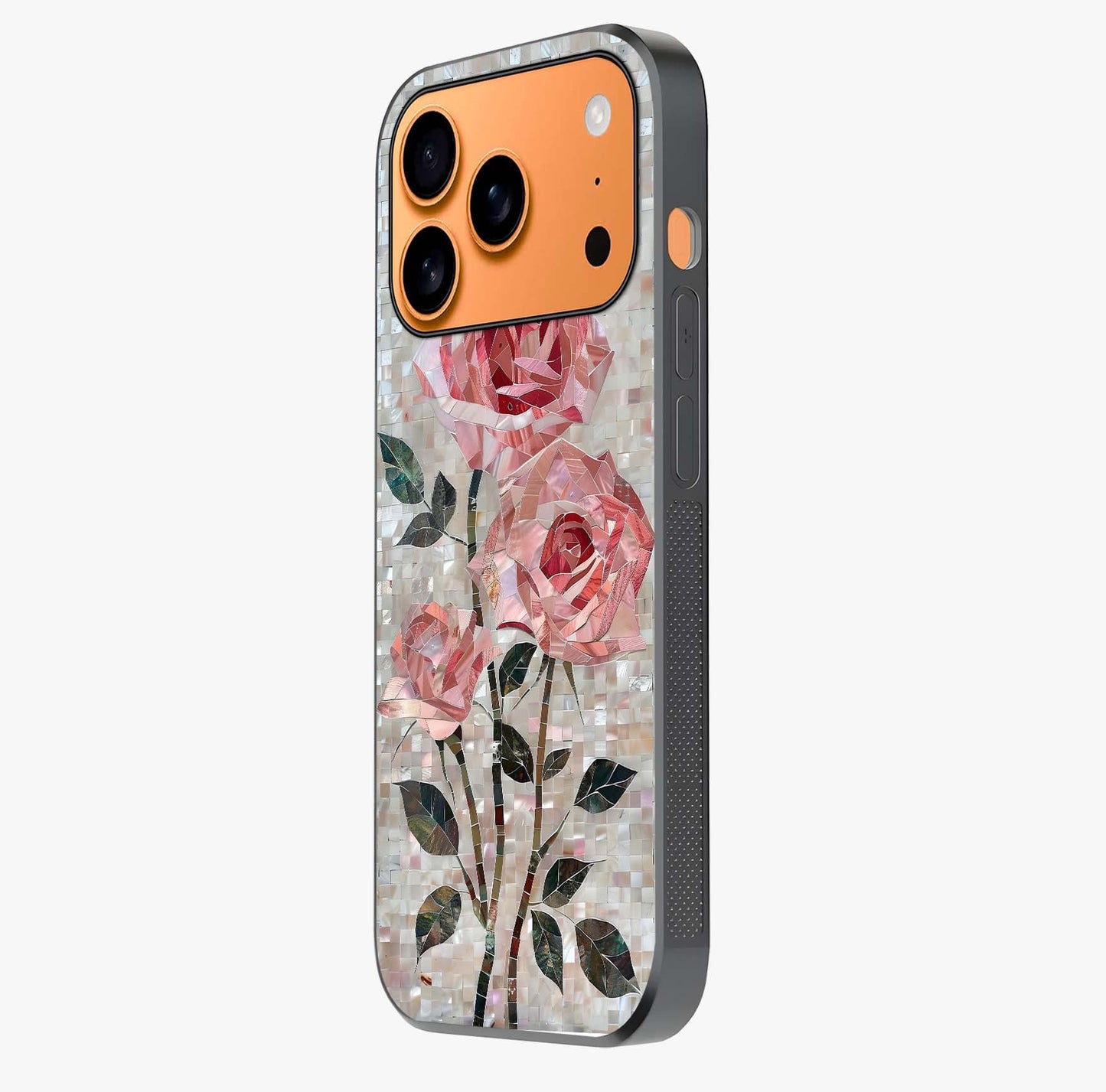 Blush Mosaic Bloom Glass Case photographed in natural light showing reflective finish and design depth.