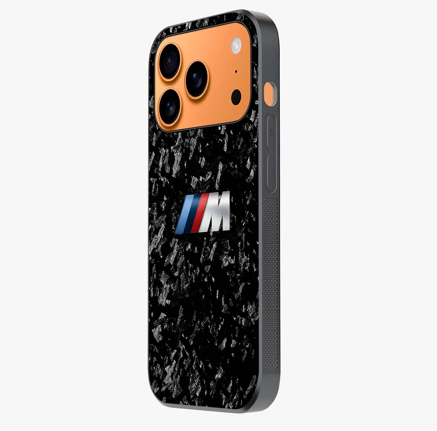 Carbon Speed Mark Glass Case photographed in natural light showing reflective finish and design depth.