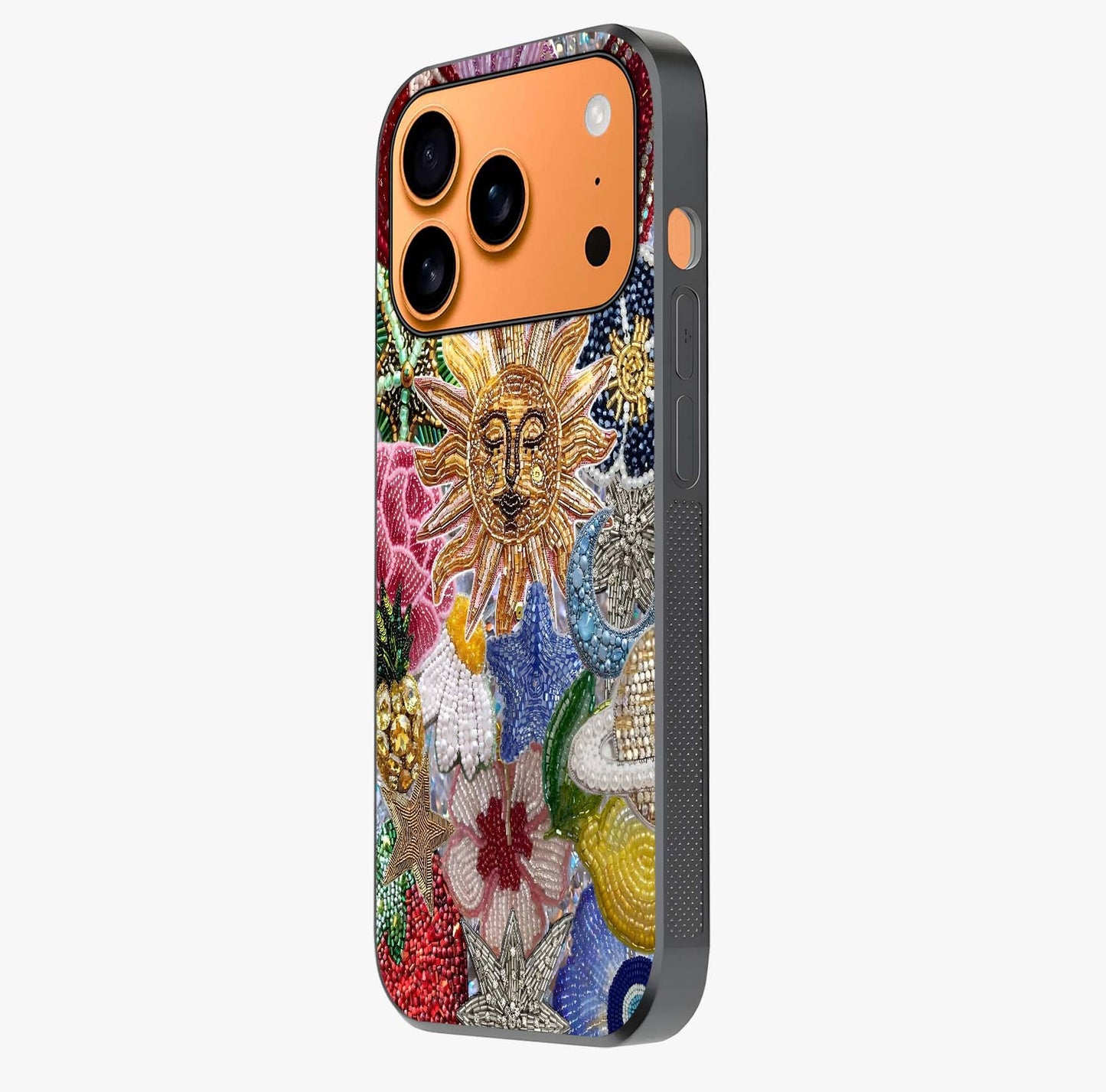 Celestial Floral And Playful Glass Case photographed in natural light showing reflective finish and design depth.