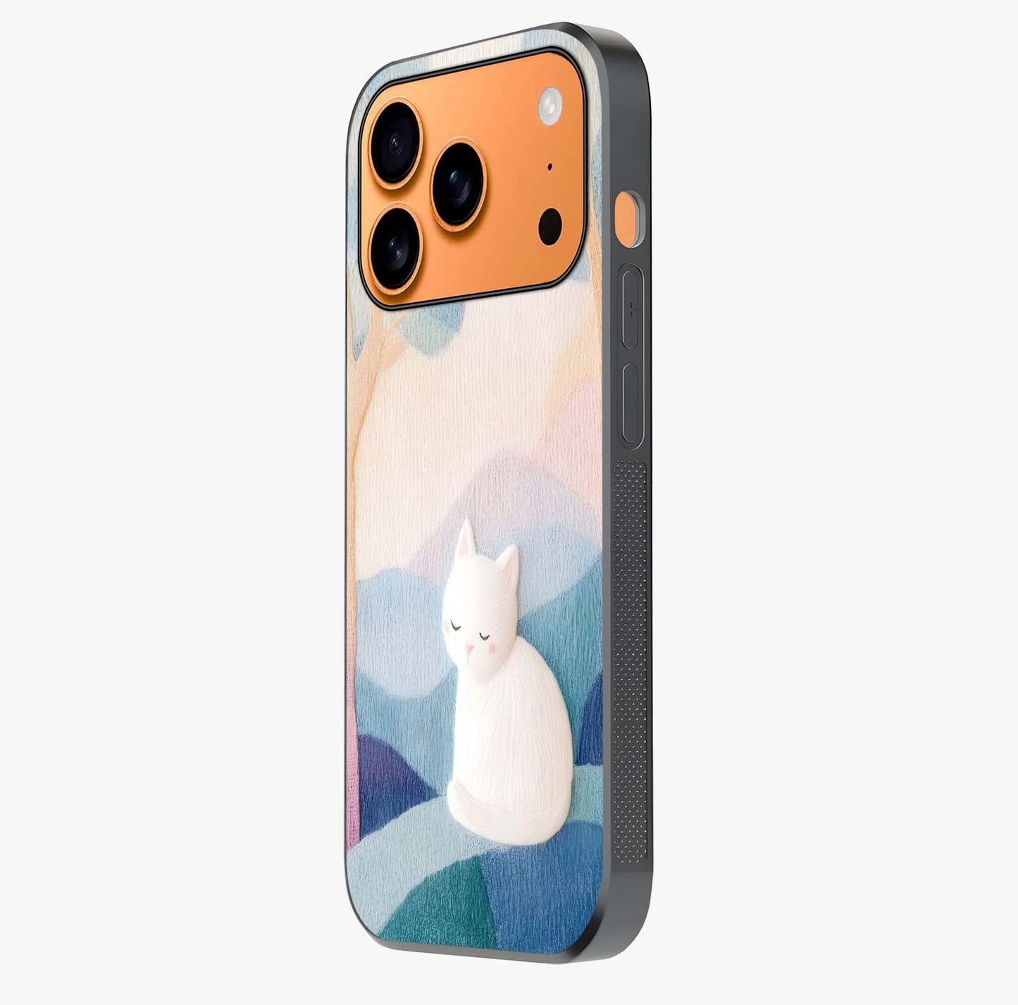 Cotton Dream Cat Glass Case photographed in natural light showing reflective finish and design depth.