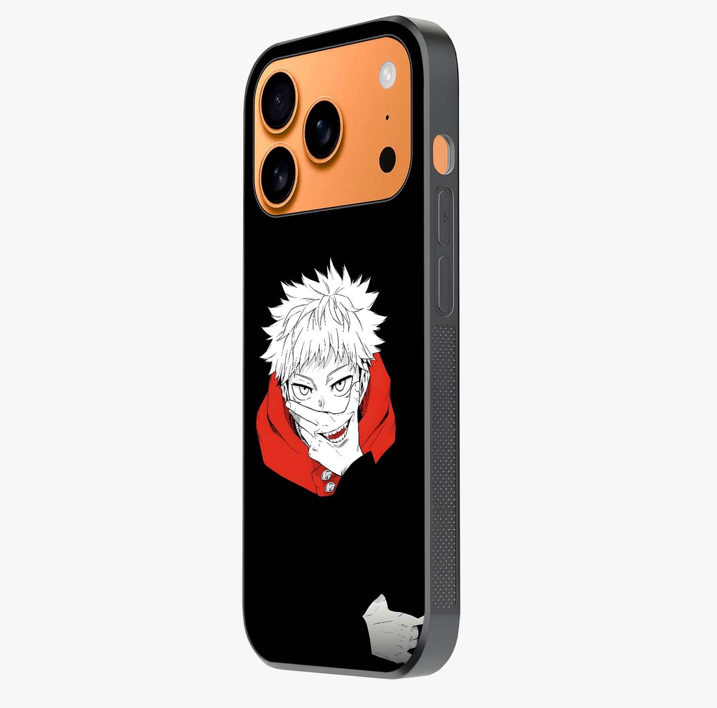 Crimson Chaos Smile Glass Case photographed in natural light showing reflective finish and design depth.