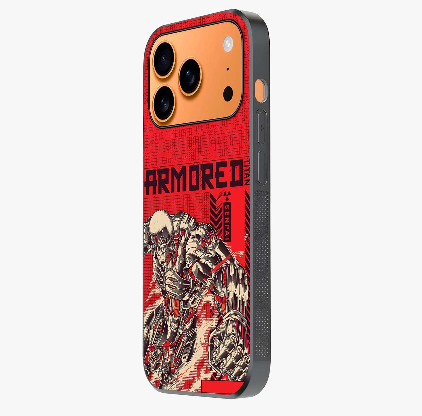 Crimson Mecha Titan Glass Case photographed in natural light showing reflective finish and design depth.