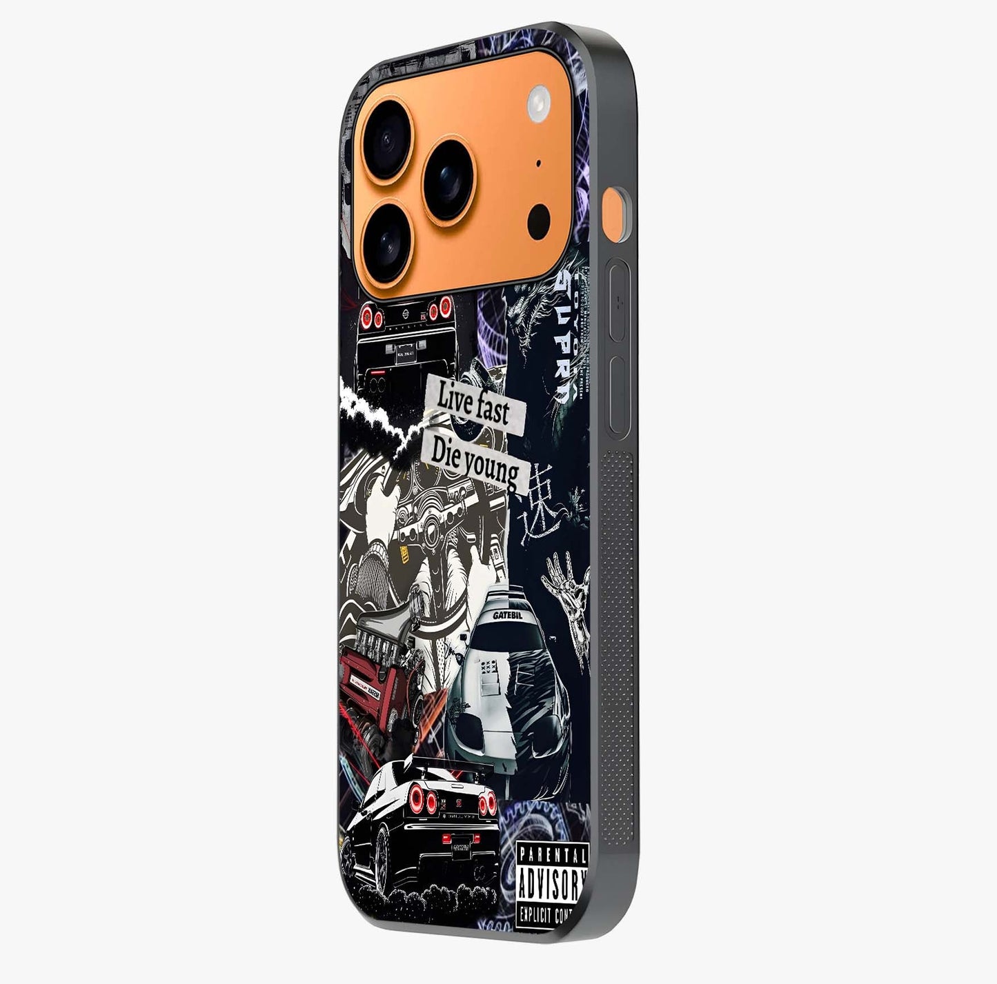 Die Young Glass Case photographed in natural light showing reflective finish and design depth.