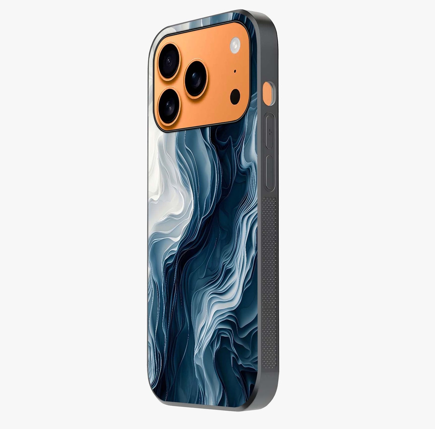 Ethereal Paper Marble Glass Case photographed in natural light showing reflective finish and design depth.