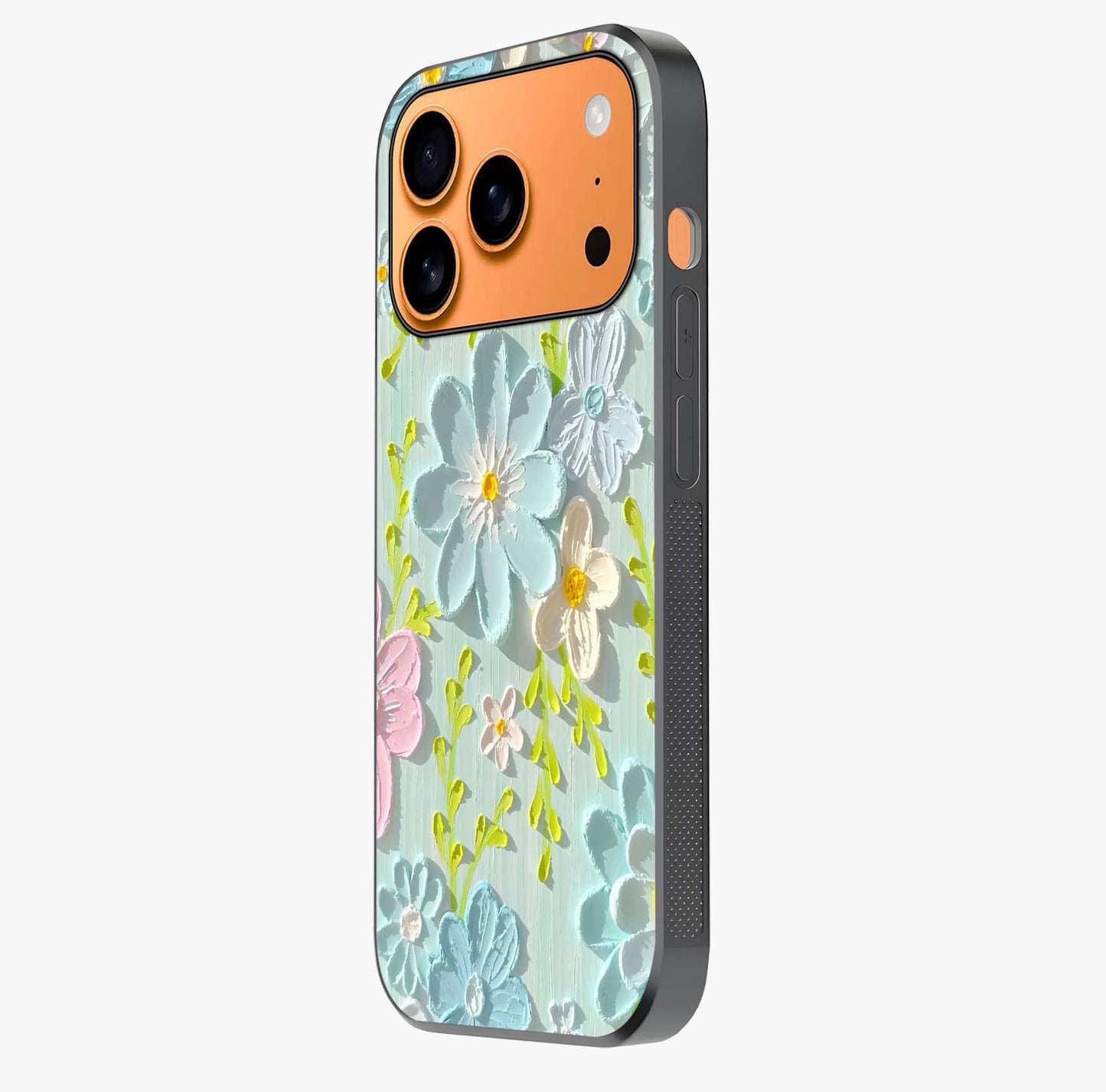 Frosted Petal Garden Glass Case photographed in natural light showing reflective finish and design depth.