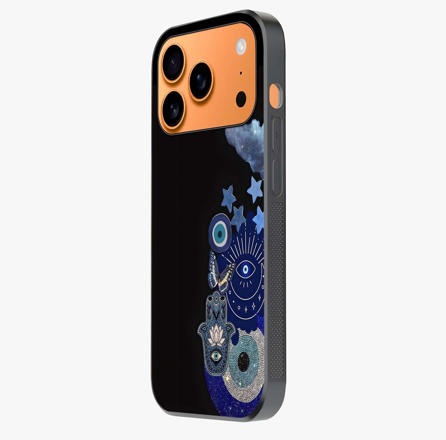Galactic Charm Cluster Glass Case photographed in natural light showing reflective finish and design depth.